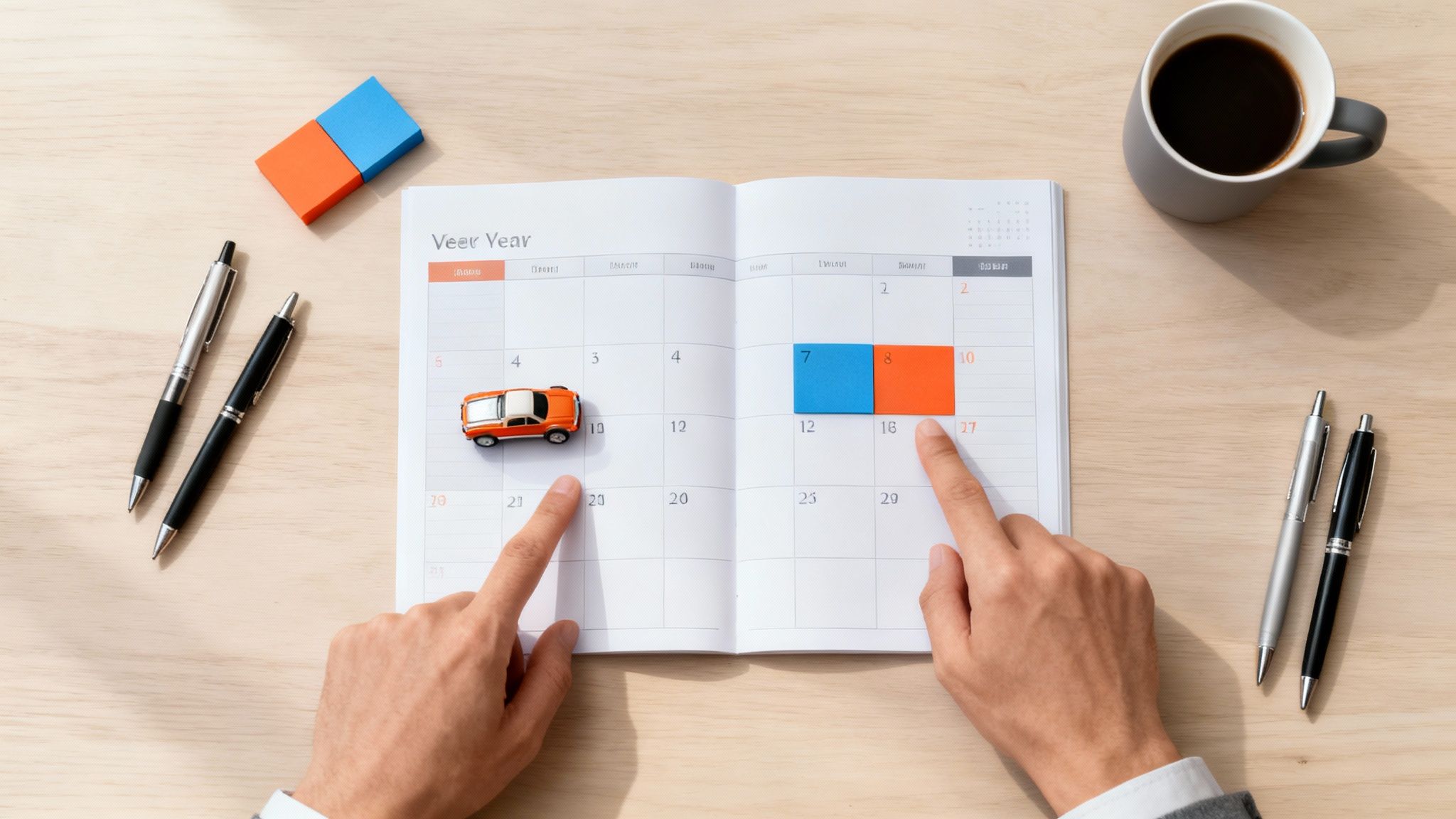 Hands pointing at an open calendar with a toy car, colorful sticky notes, pens, and a coffee cup.