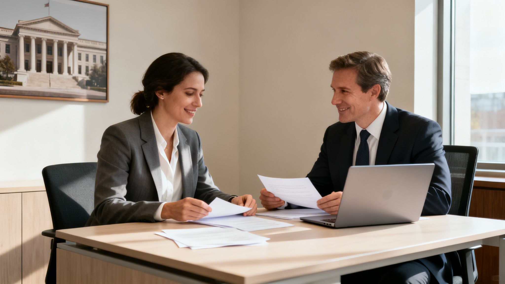 Two smiling professionals, a man and a woman, reviewing documents during a legal consultation in an office.