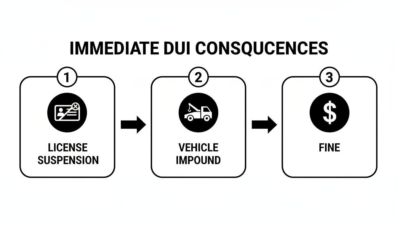 Flowchart illustrating immediate DUI consequences: license suspension, vehicle impound, and a fine.