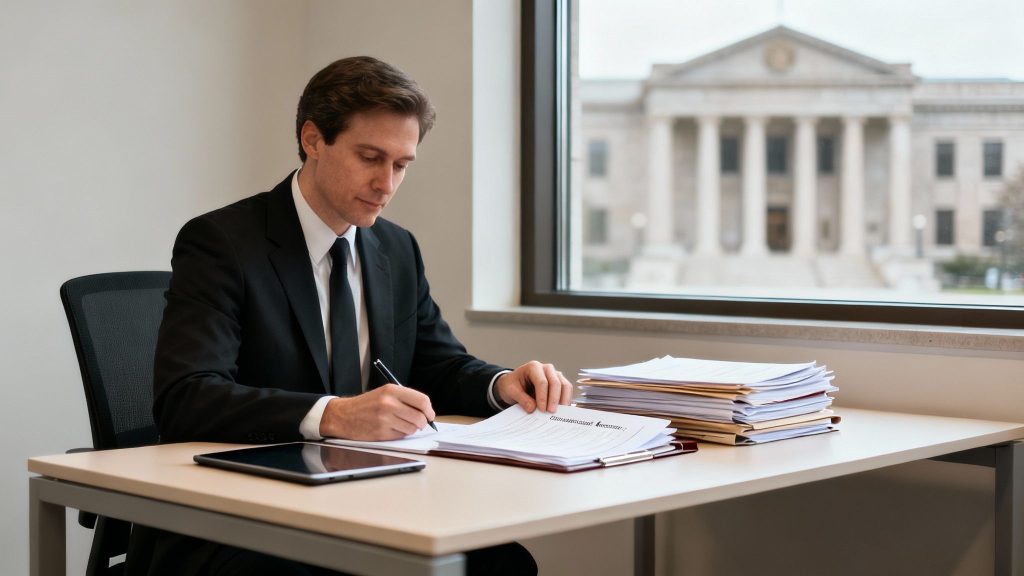 Professional man in a suit writing at a desk with files, a tablet, and a government building outside.