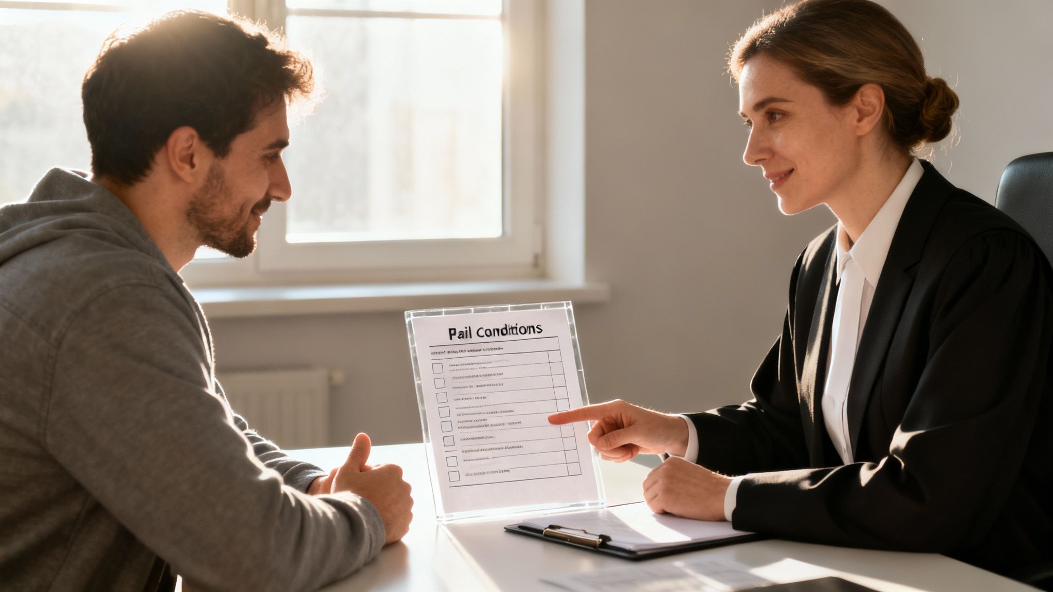 A legal professional explains bail conditions to a smiling man during a consultation.