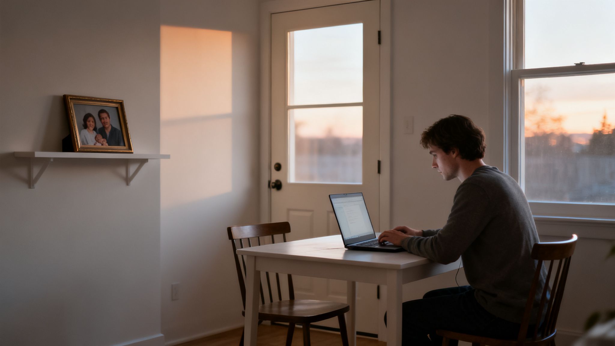 A young man works on a laptop at a table by a window, bathed in warm sunset light.