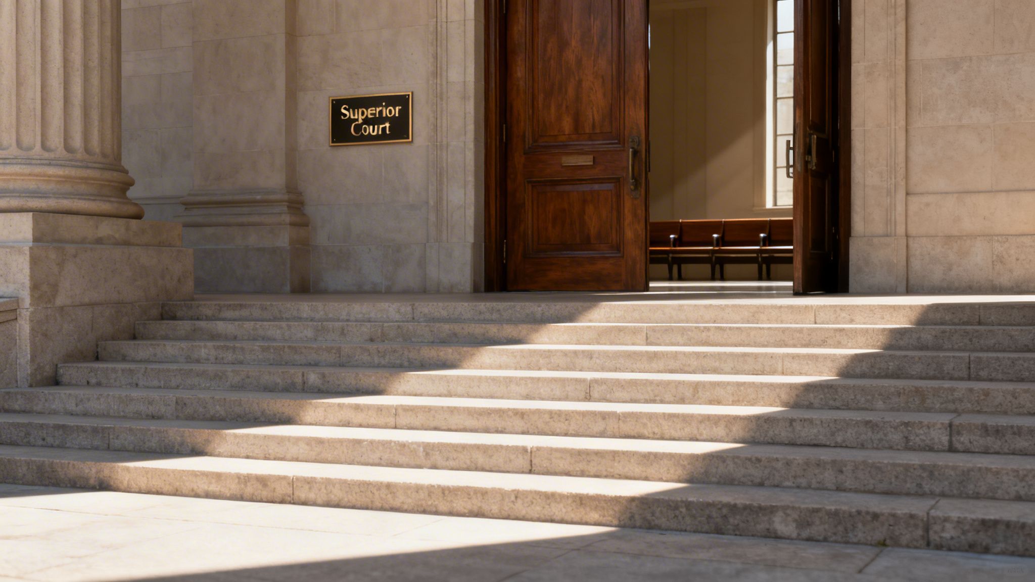 Exterior view of the Superior Court building entrance with wide stone steps and an open wooden door under bright sunlight.