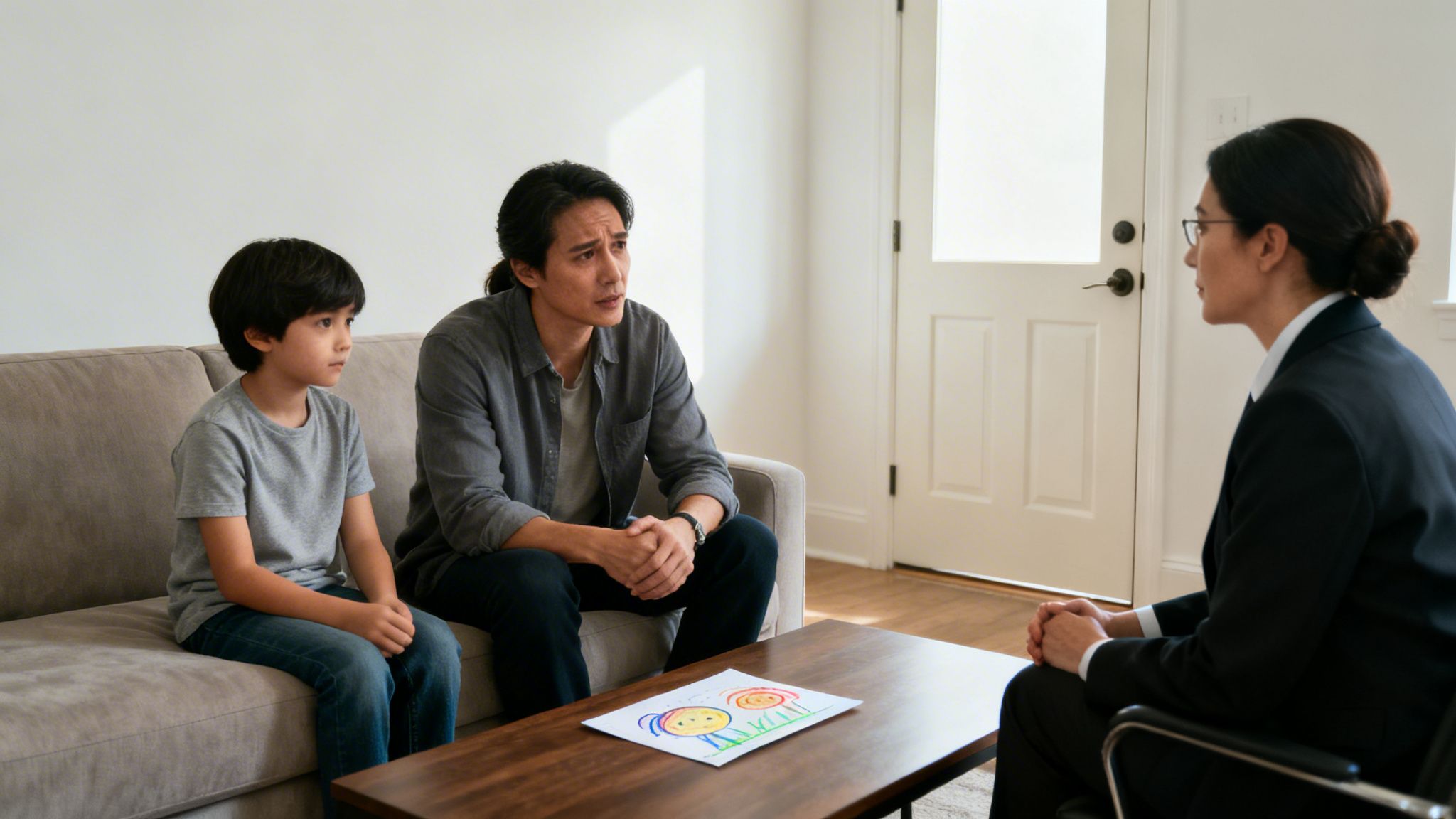 A man and a boy sit on a couch, consulting with a female lawyer or therapist.