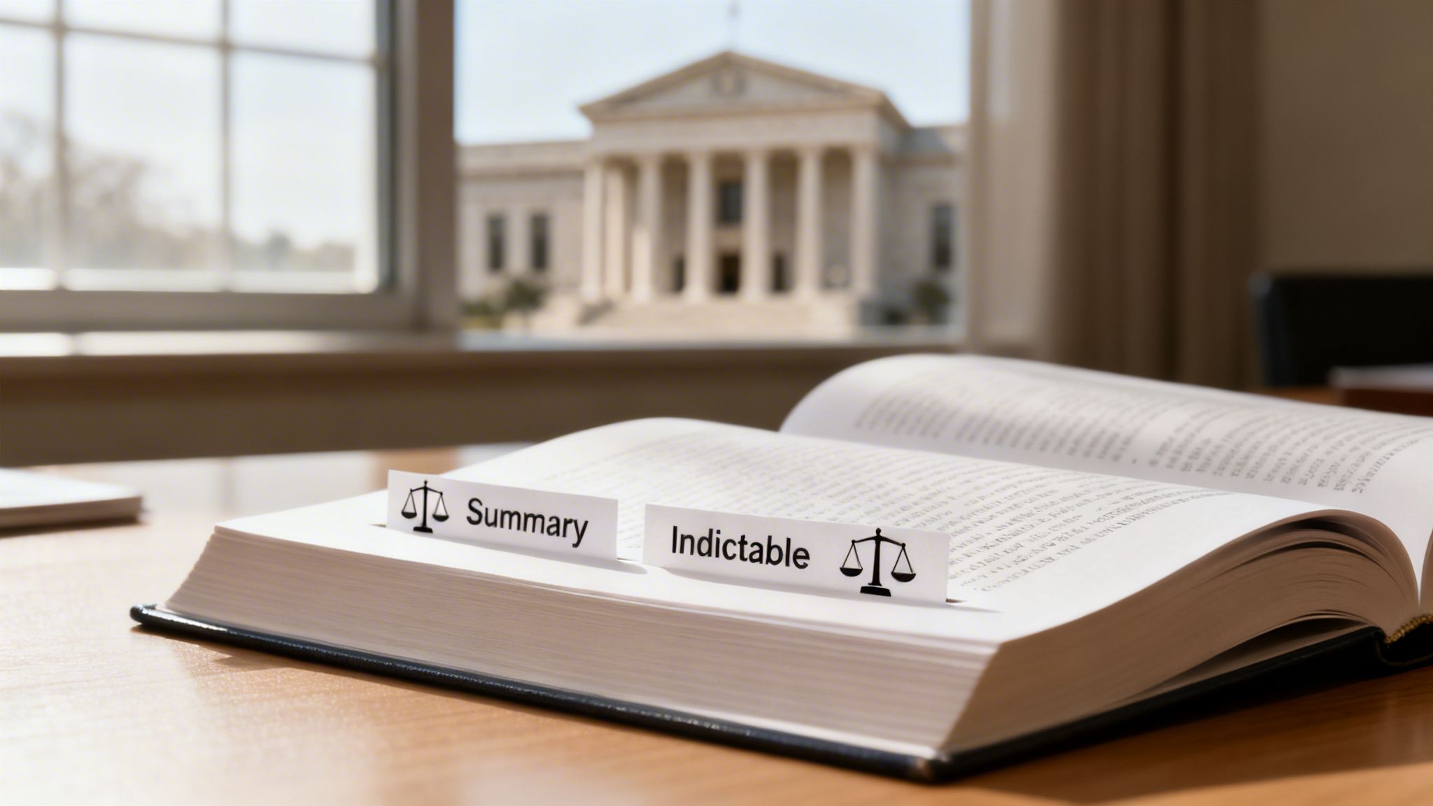 An open law book on a desk with 'Summary' and 'Indictable' tabs, with justice scales icons, and a courthouse building in the background.