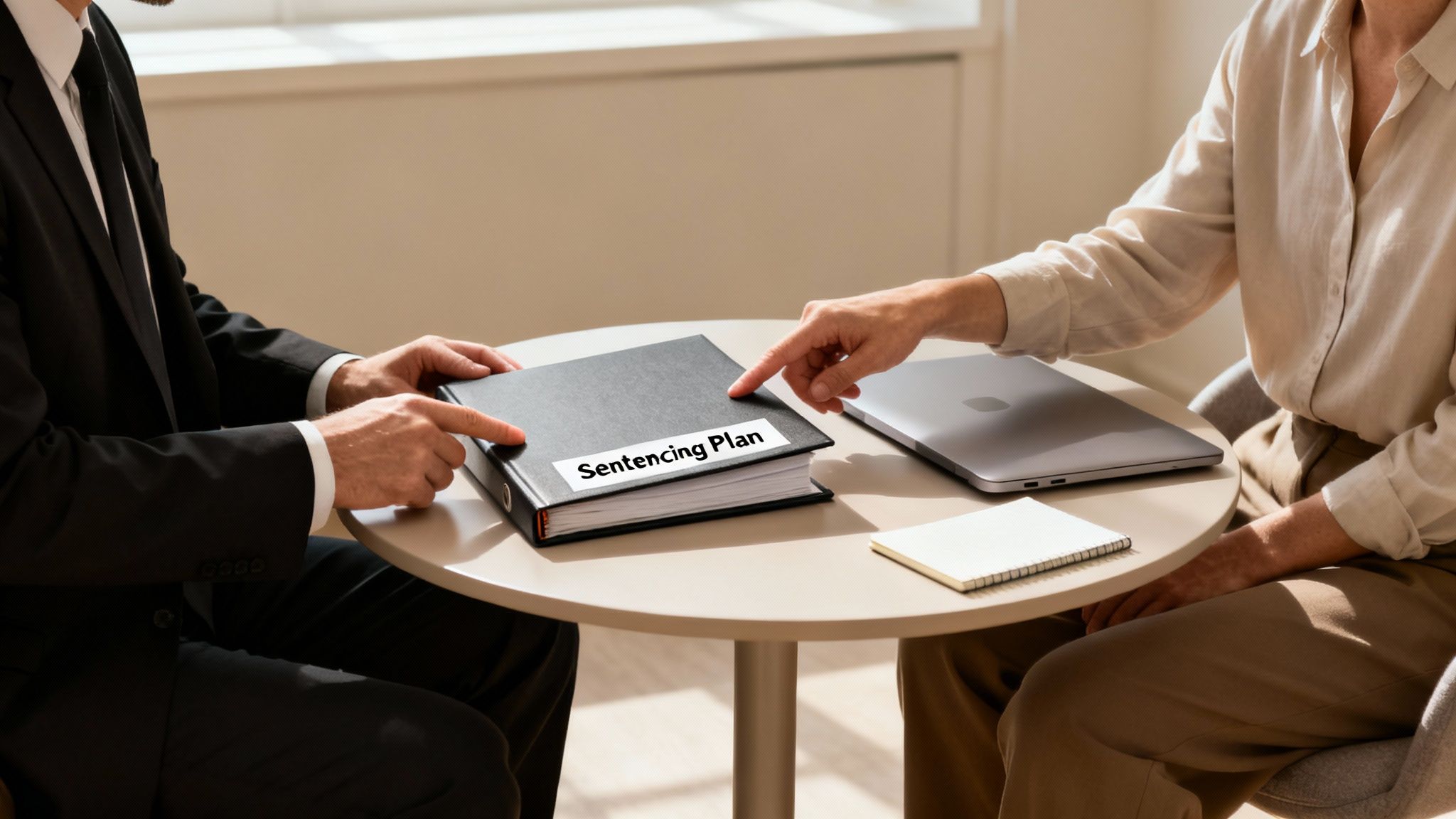Two people, likely legal professionals, discuss a "Sentencing Plan" document on a table during a meeting.