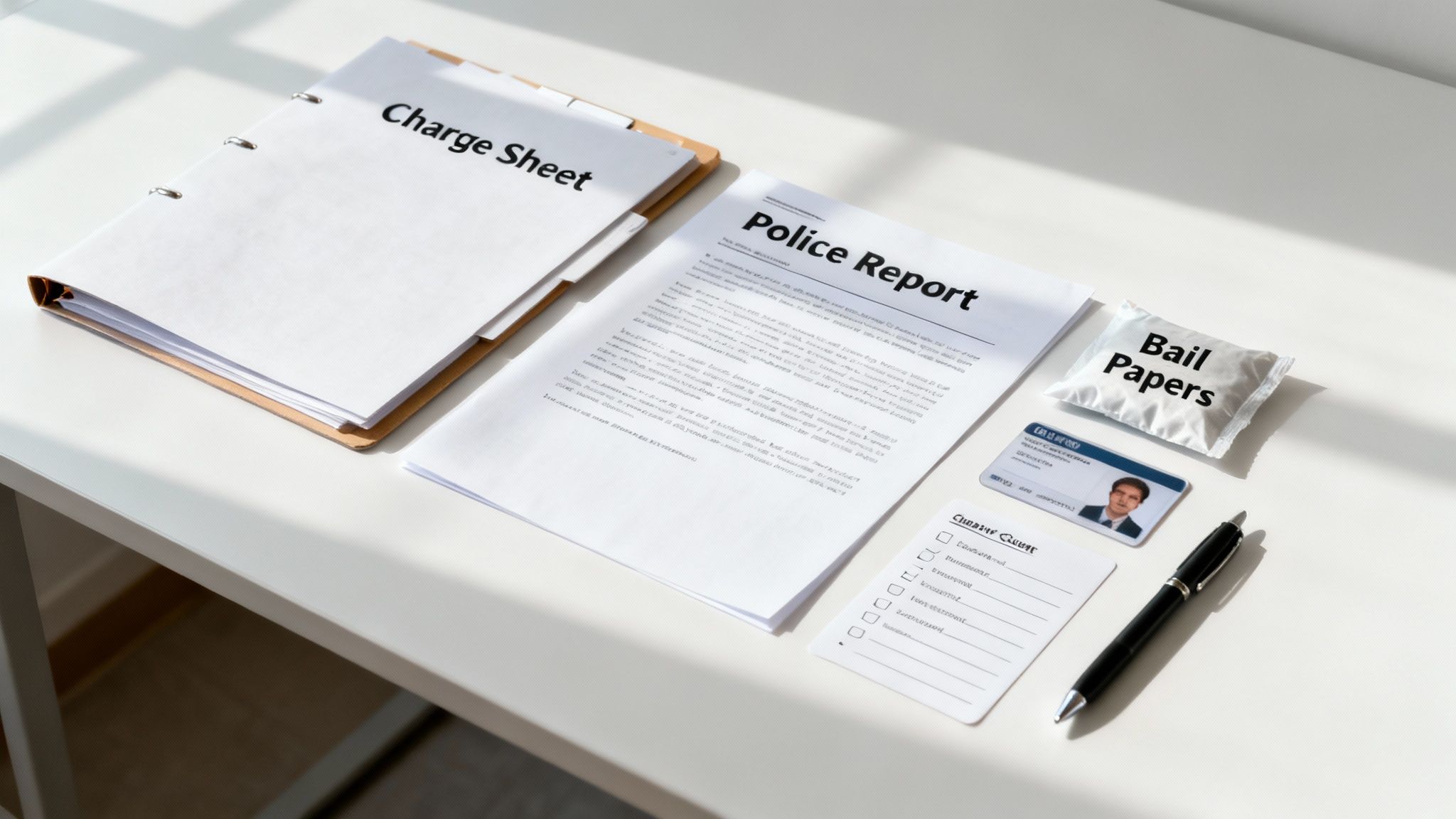 Legal documents like 'Charge Sheet', 'Police Report', and 'Bail Papers' with an ID card and pen on a white desk.
