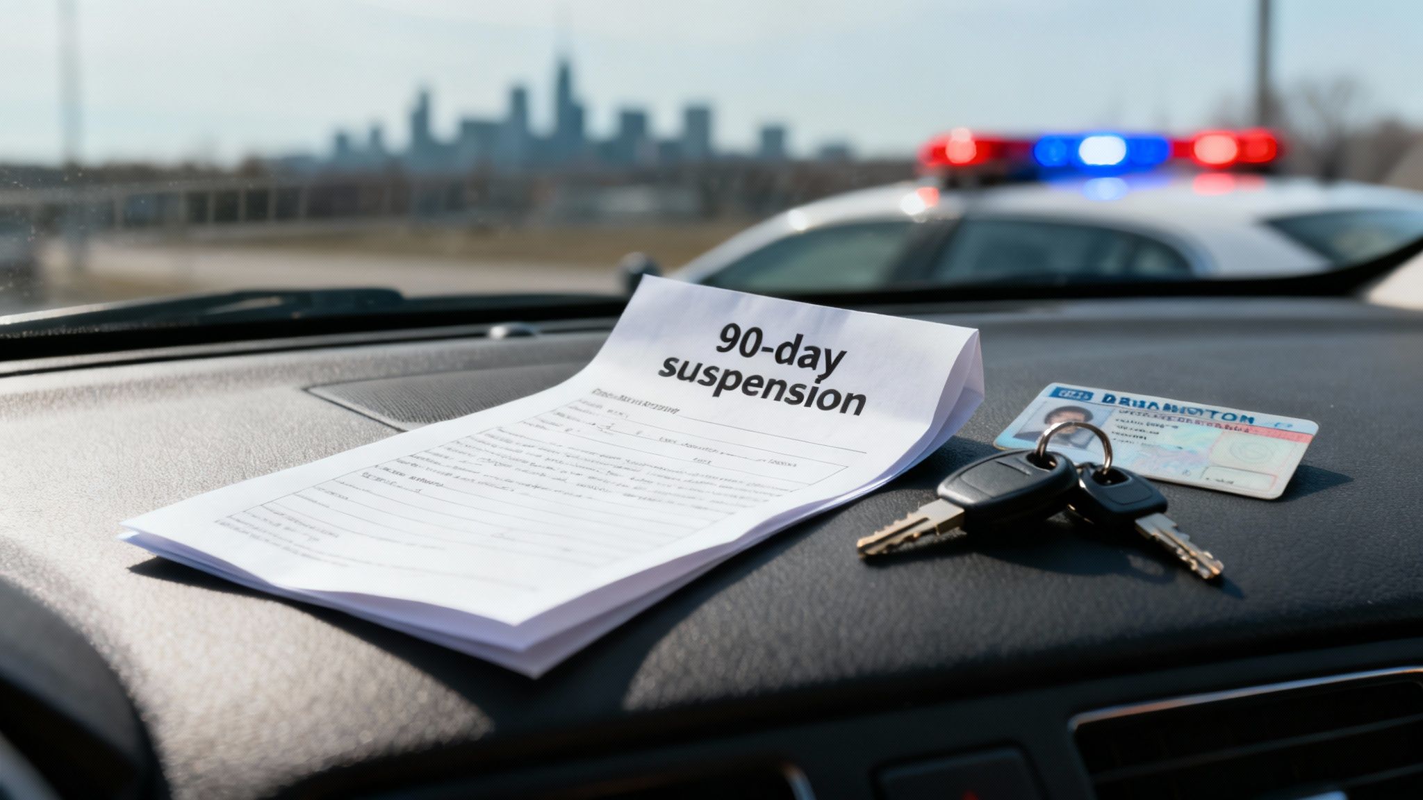 Car dashboard with a 90-day suspension notice, driver's license, and keys, near a police car.
