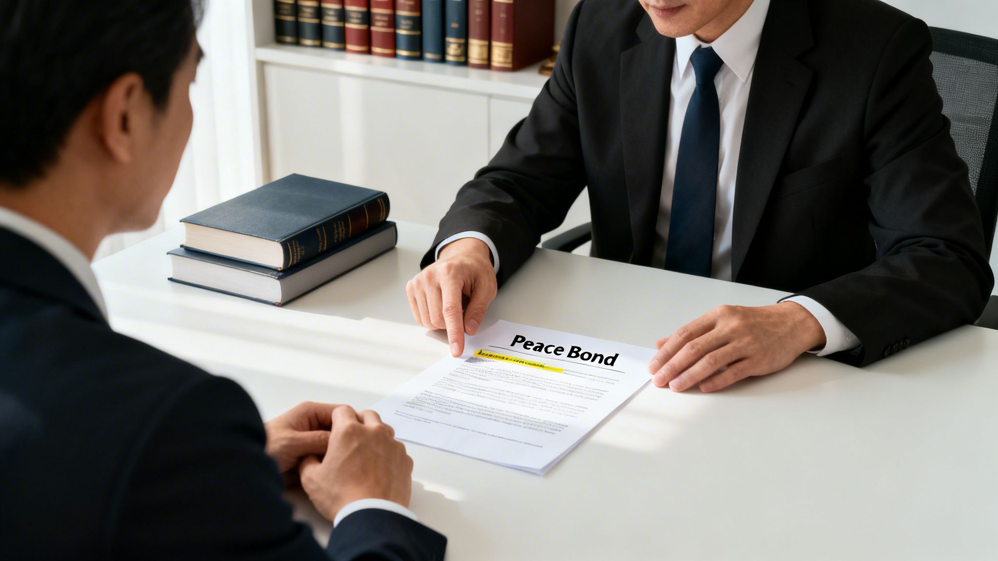 Two businessmen discuss a legal document titled 'Peace Bond' during a consultation in an office.