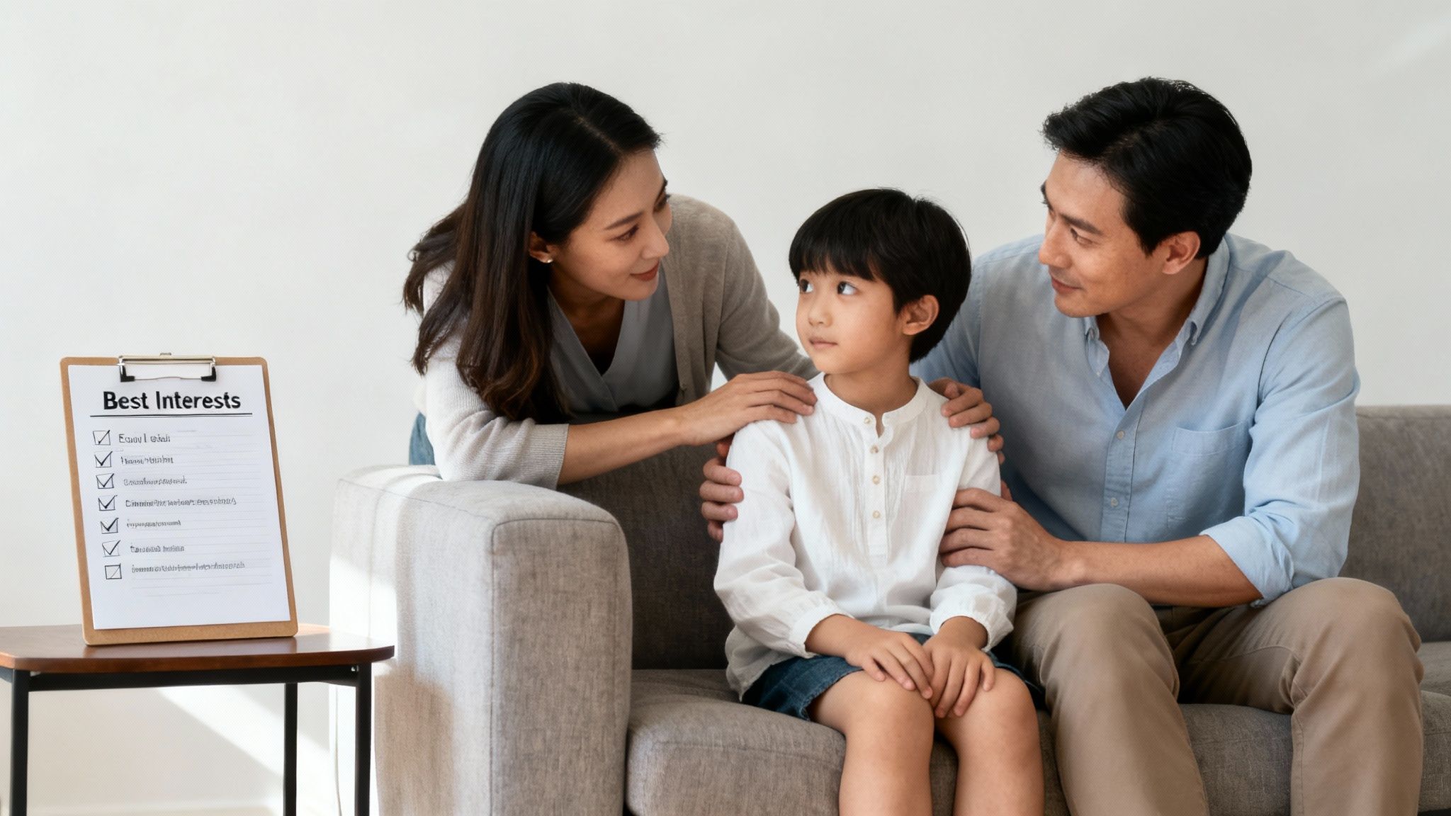 Parents comfort their son on a sofa next to a 'Best Interests' document on a clipboard.