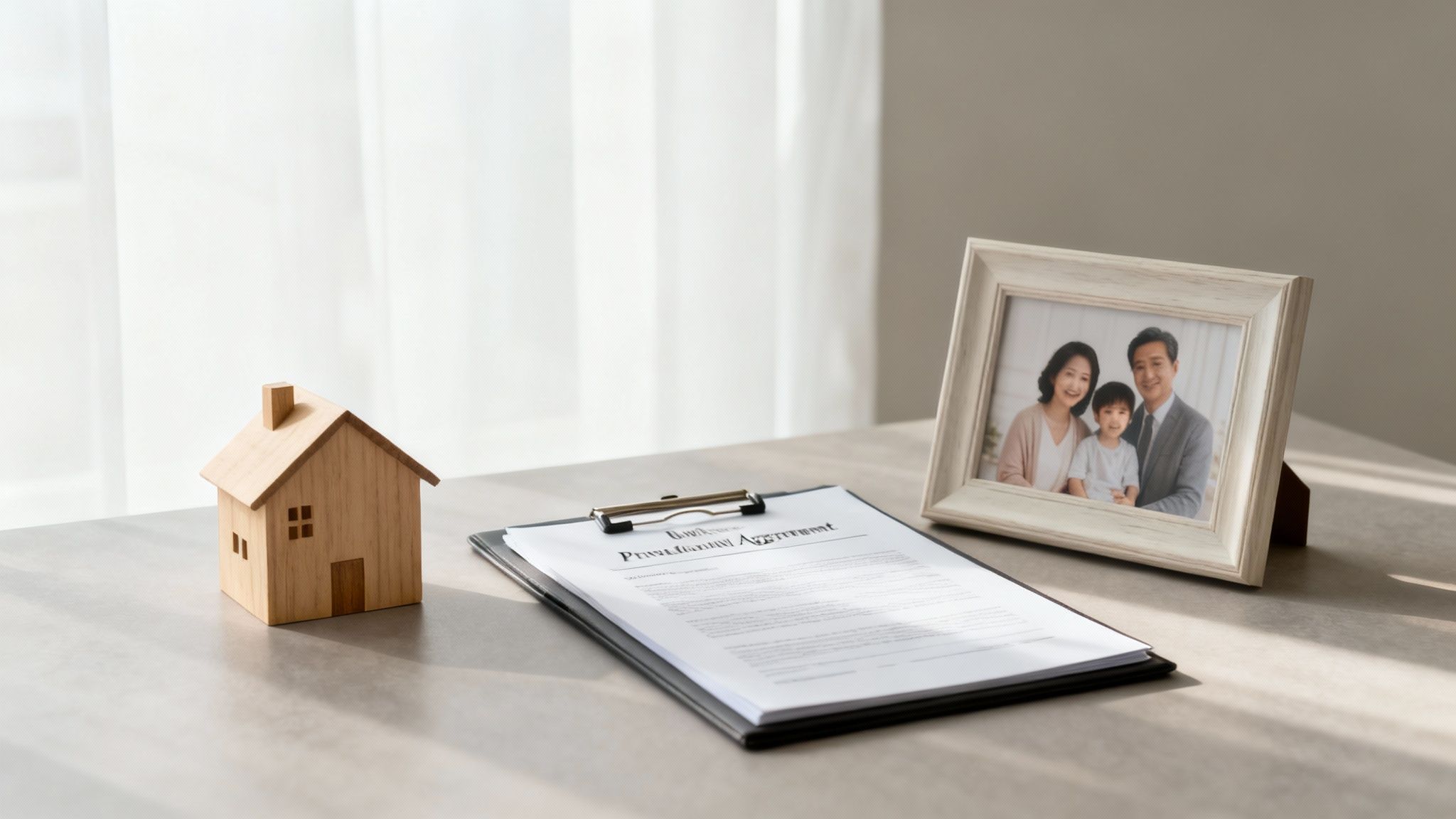A wooden house model, a legal document, and a family photo on a desk near a window.