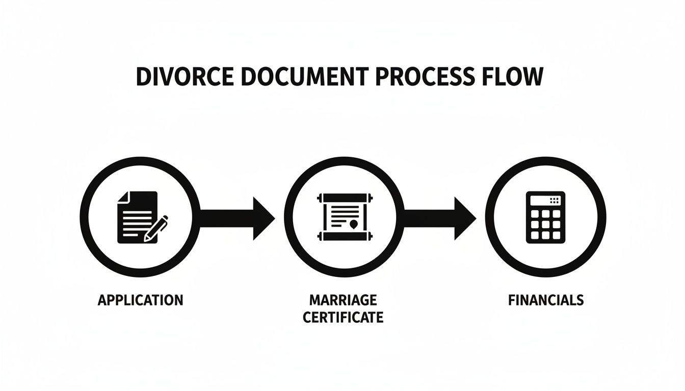 A divorce document process flow diagram detailing the steps: Application, Marriage Certificate, and Financials.