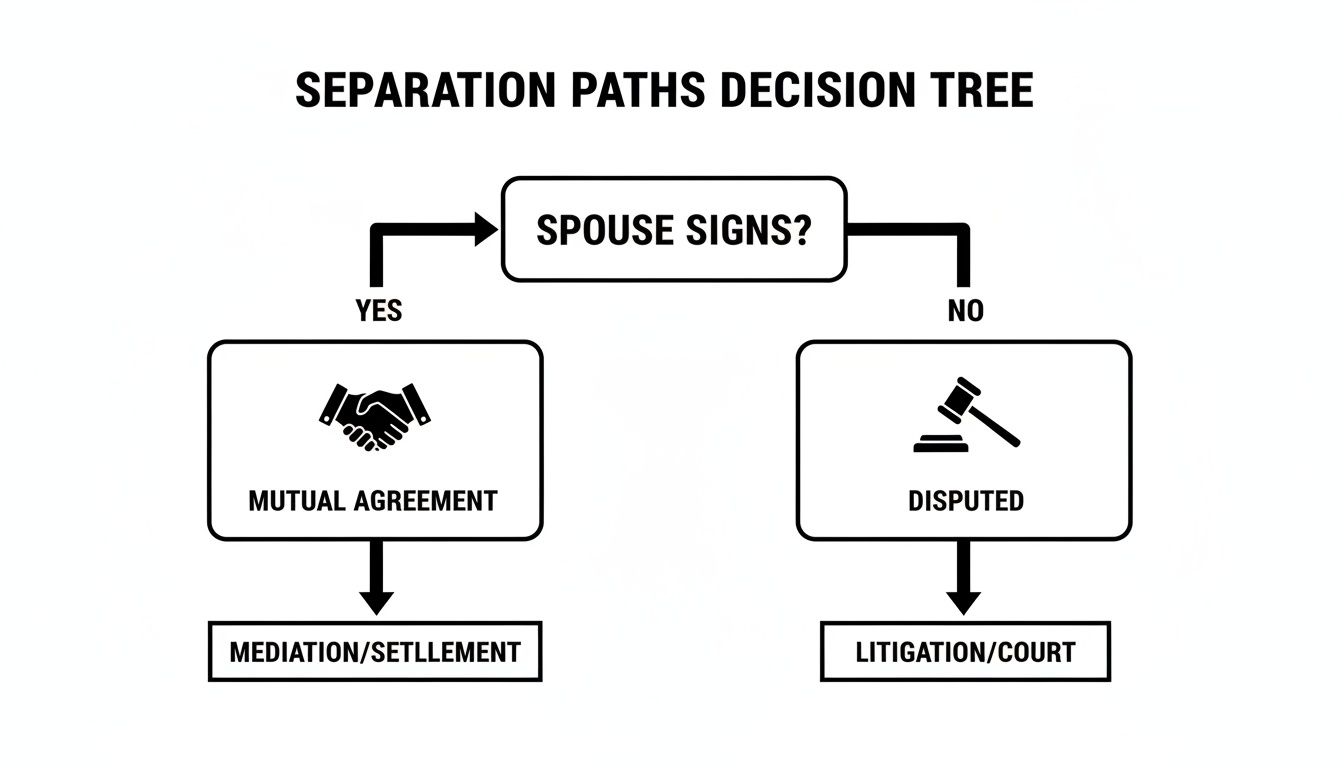 A decision tree flowchart outlining separation paths based on spouse agreement, leading to mediation or litigation.