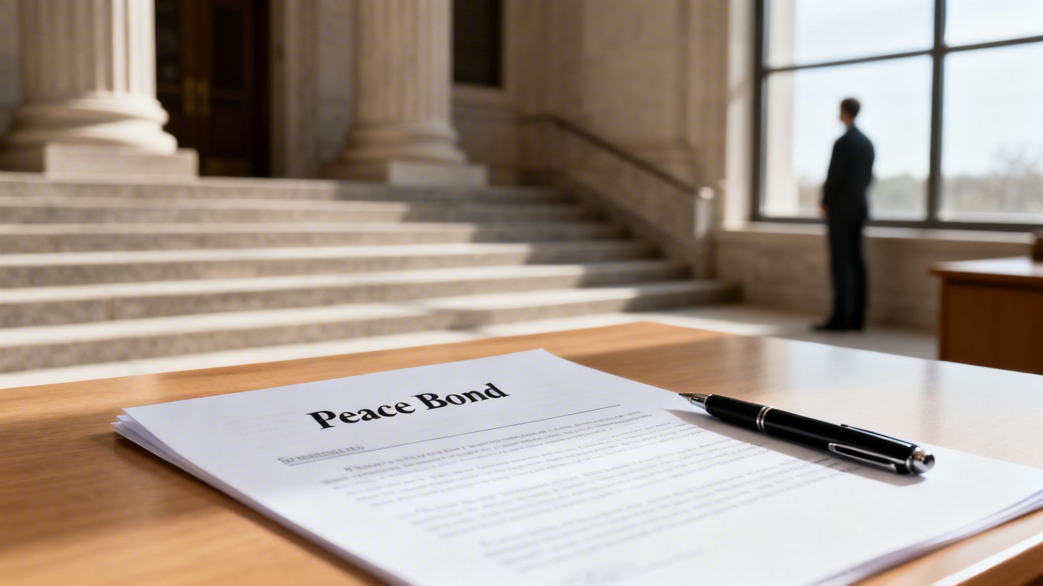 A document titled "Peace Bond" and a pen on a wooden desk in a courthouse, with a man looking out a window.