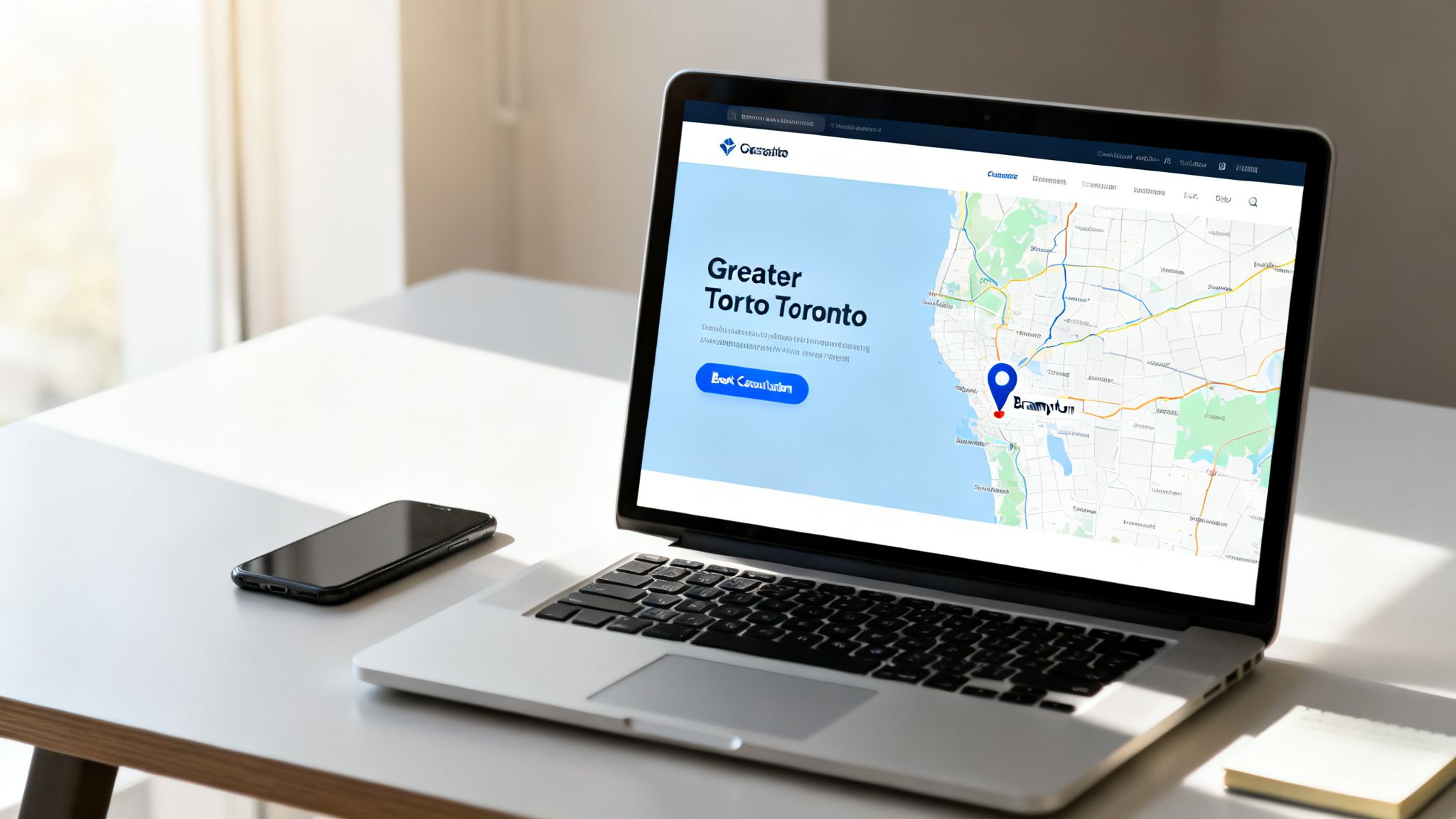 A laptop showing a map of the Greater Toronto area with a location pin in Brampton, next to a smartphone.
