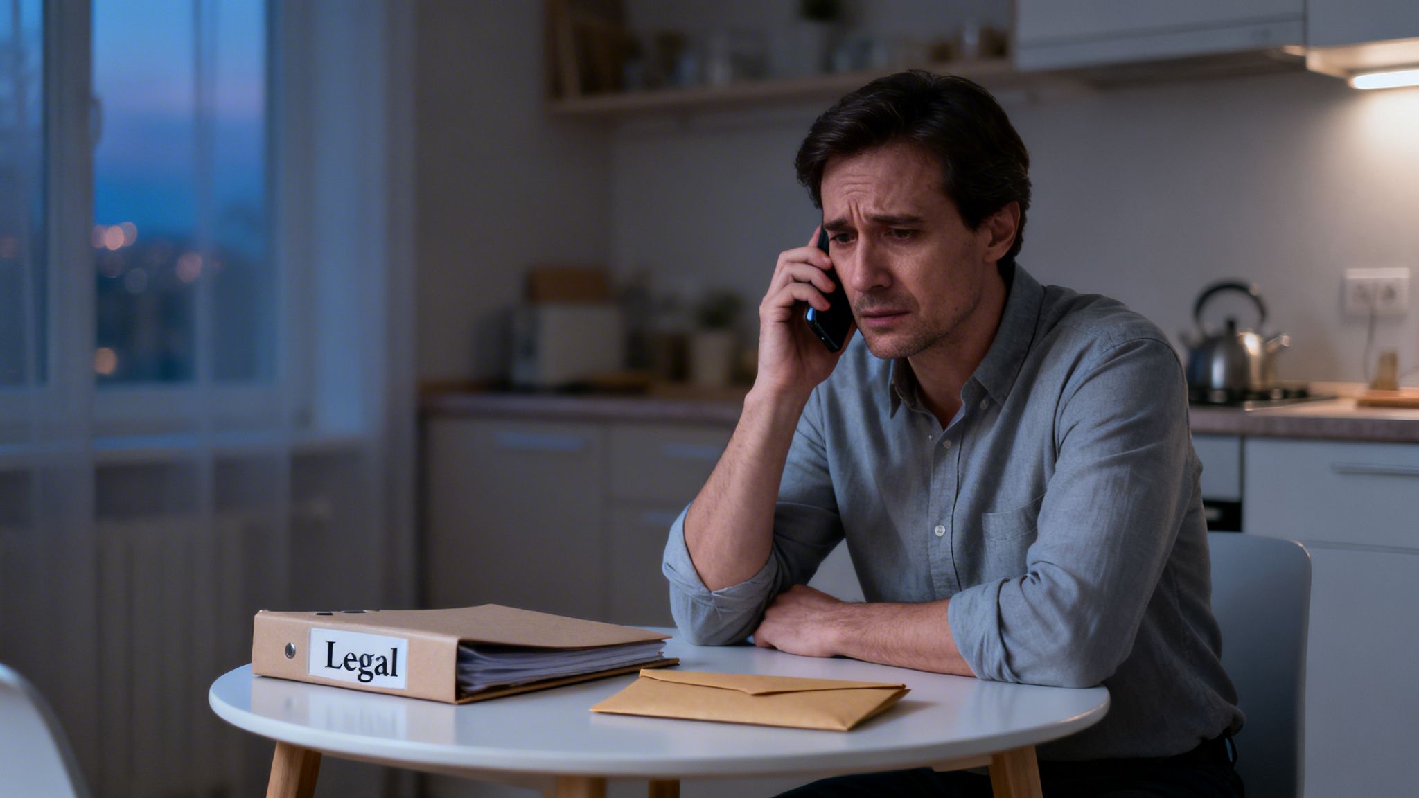 A distressed man talks on the phone, sitting next to a 'Legal' binder.