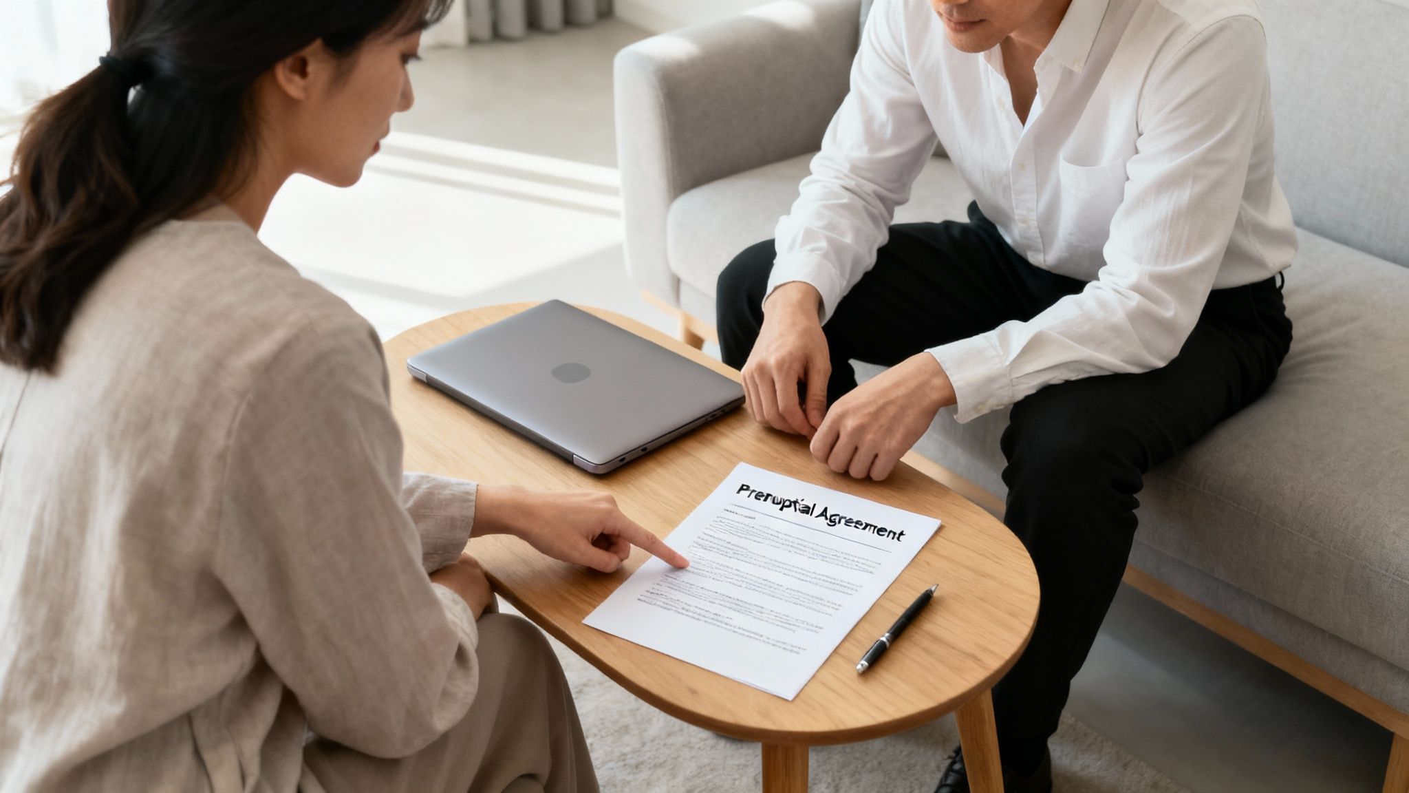 A woman points to a prenuptial agreement document while discussing with a man.