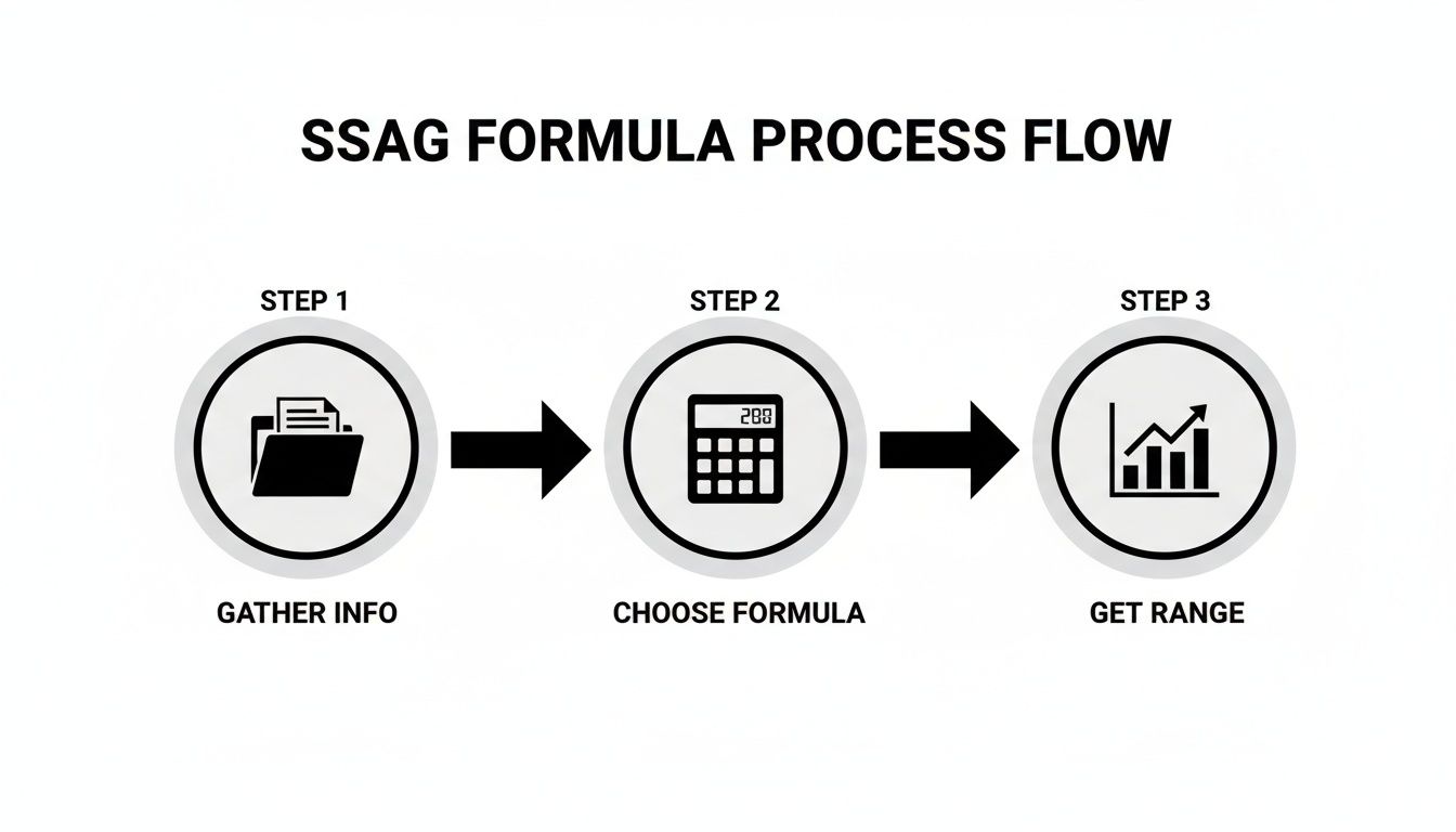 A three-step process flow for SSAG formula, showing gather info, choose formula, and get range.