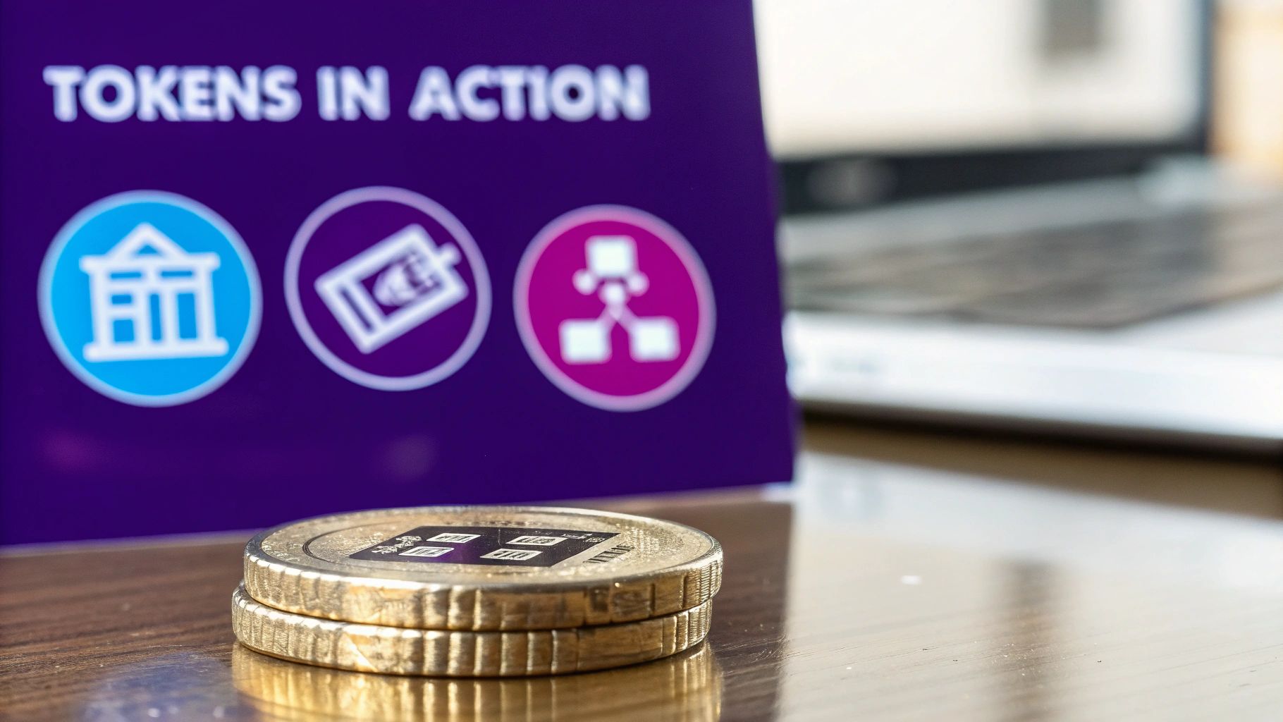 A visual representation of crypto tokens being used in real-world applications like finance, gaming, and supply chains.