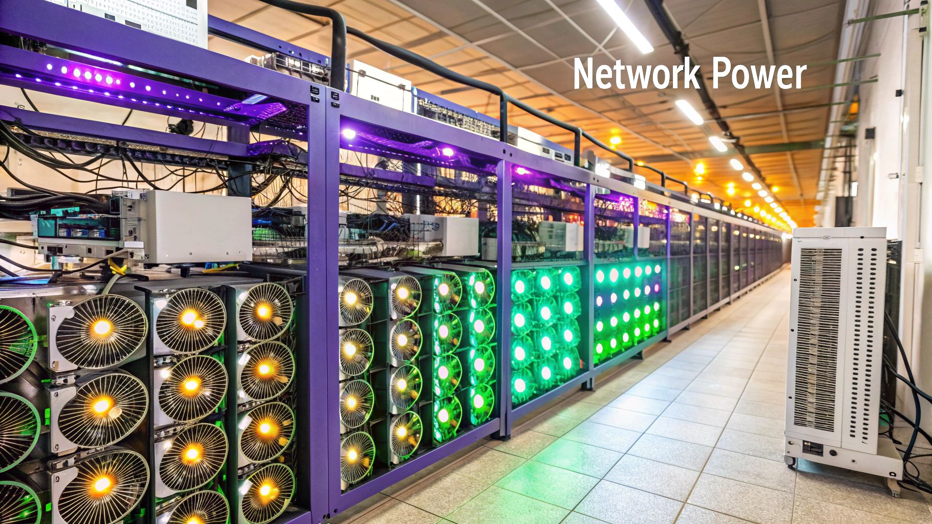 A network of interconnected servers representing blockchain computational power