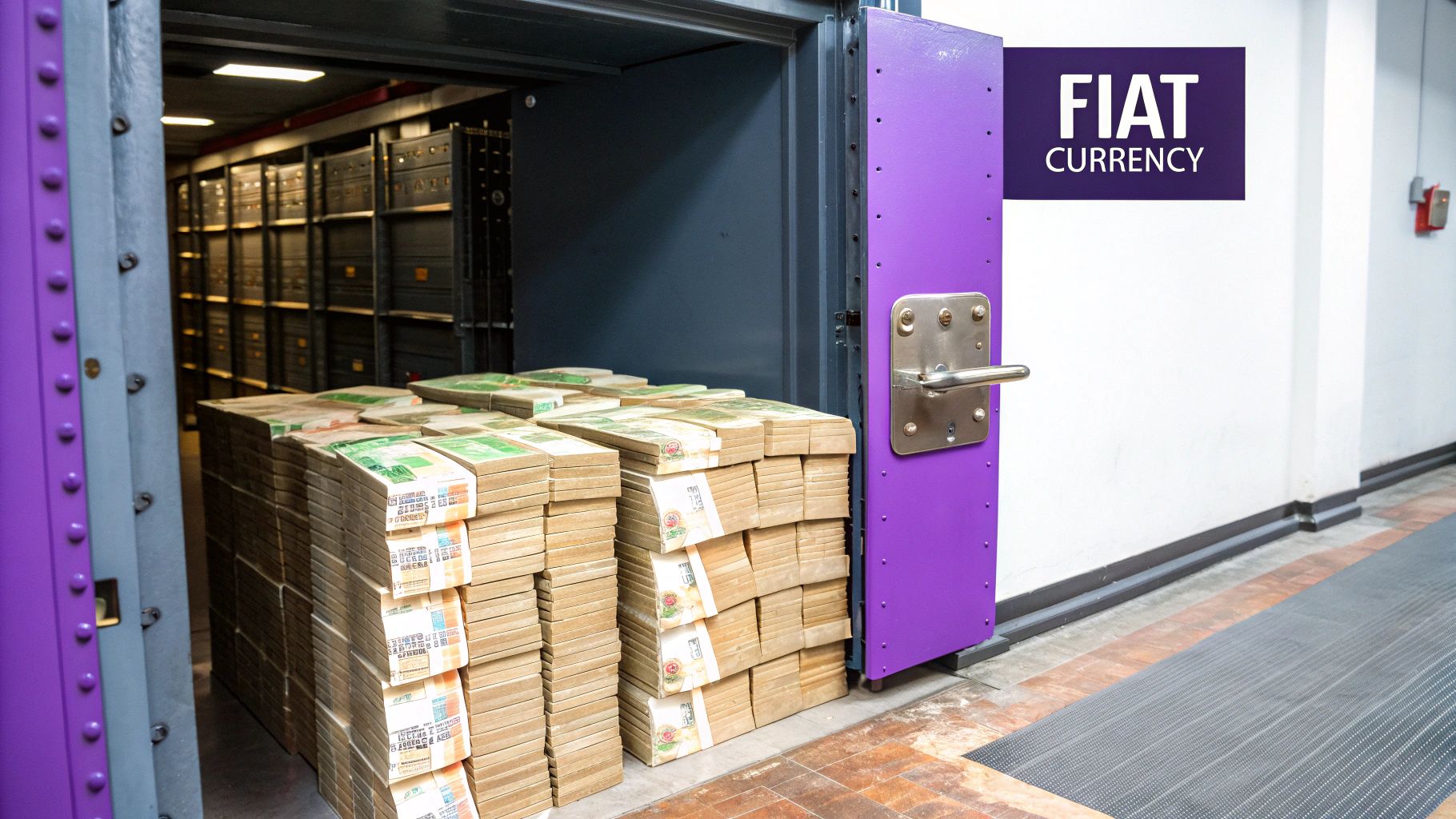 A network diagram showing the contrast between a centralized fiat system and a decentralized cryptocurrency network.