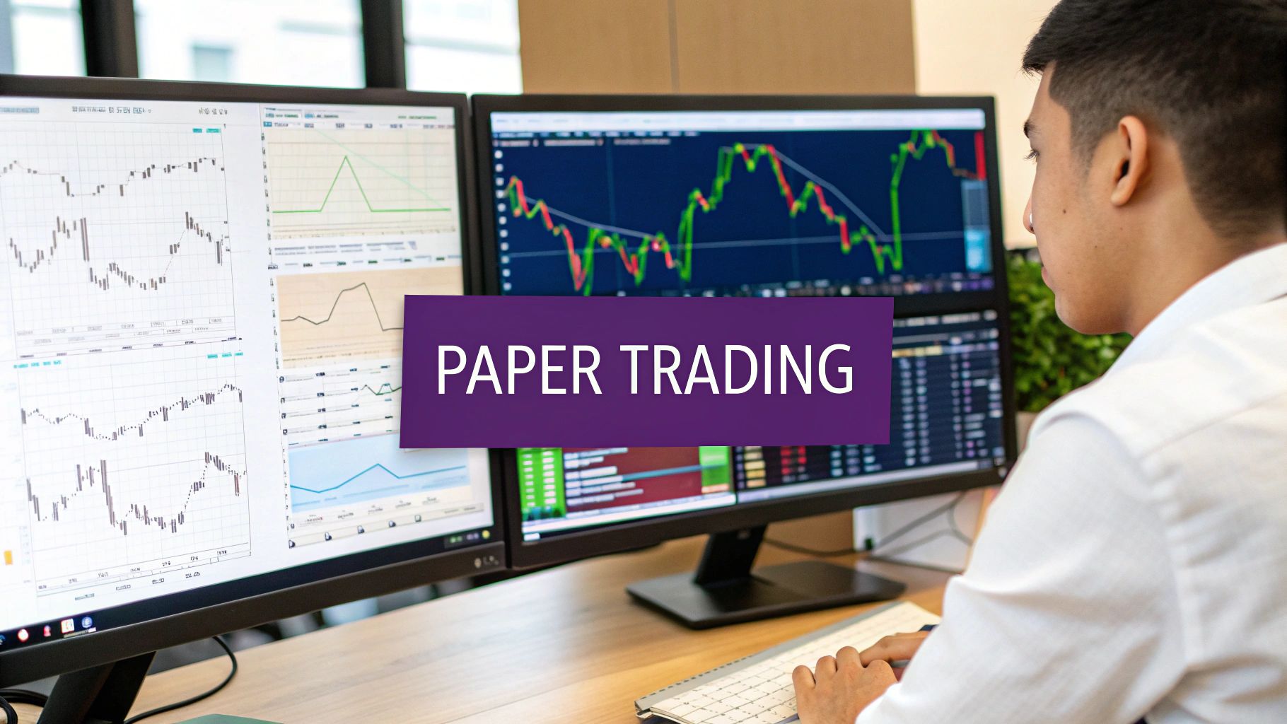 A person at a desk with multiple monitors showing cryptocurrency charts and data, suggesting a trading environment.