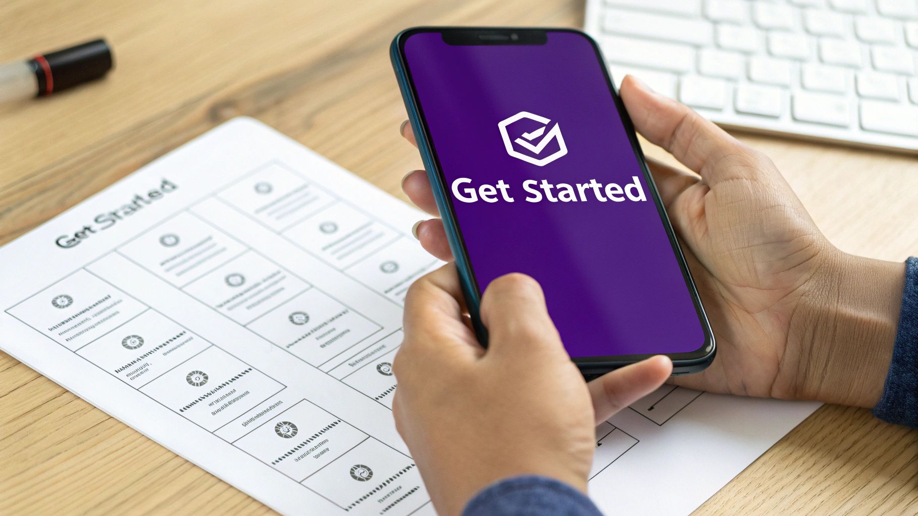 Hands hold a smartphone with 'Get Started' screen, next to a printed checklist on a desk.
