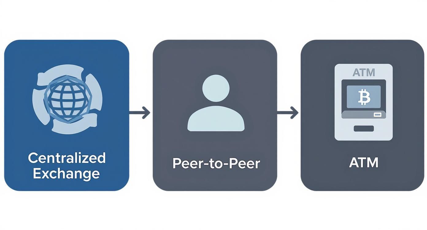 Three methods to buy Bitcoin: centralized exchange, peer-to-peer trading, and ATM machine