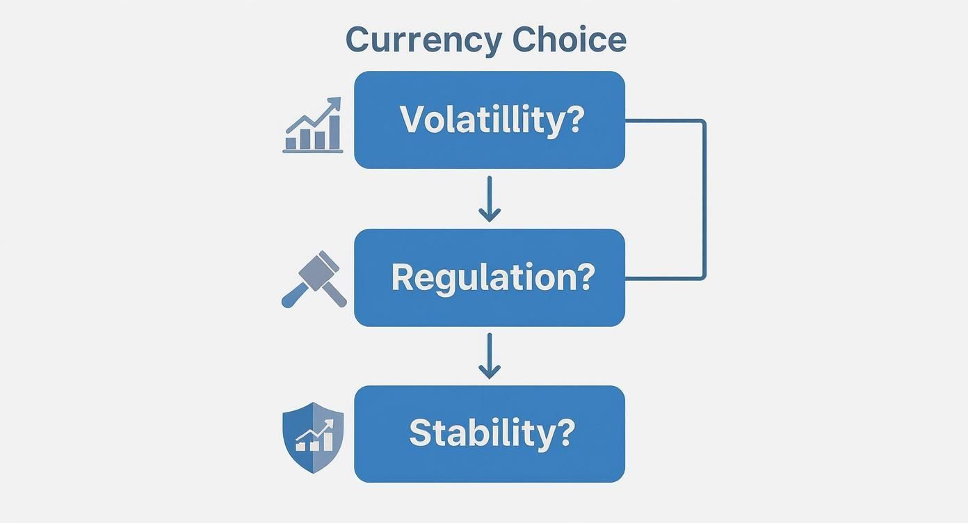 Infographic decision tree comparing cryptocurrency vs fiat currency based on volatility, regulation, and stability.