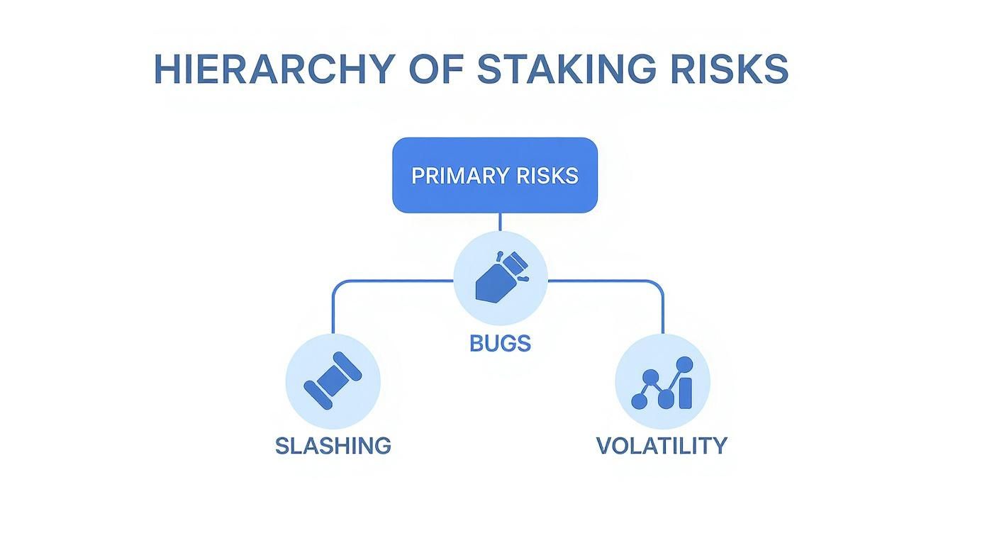 An infographic showing the primary risks of crypto staking, including slashing, smart contract bugs, and market volatility.