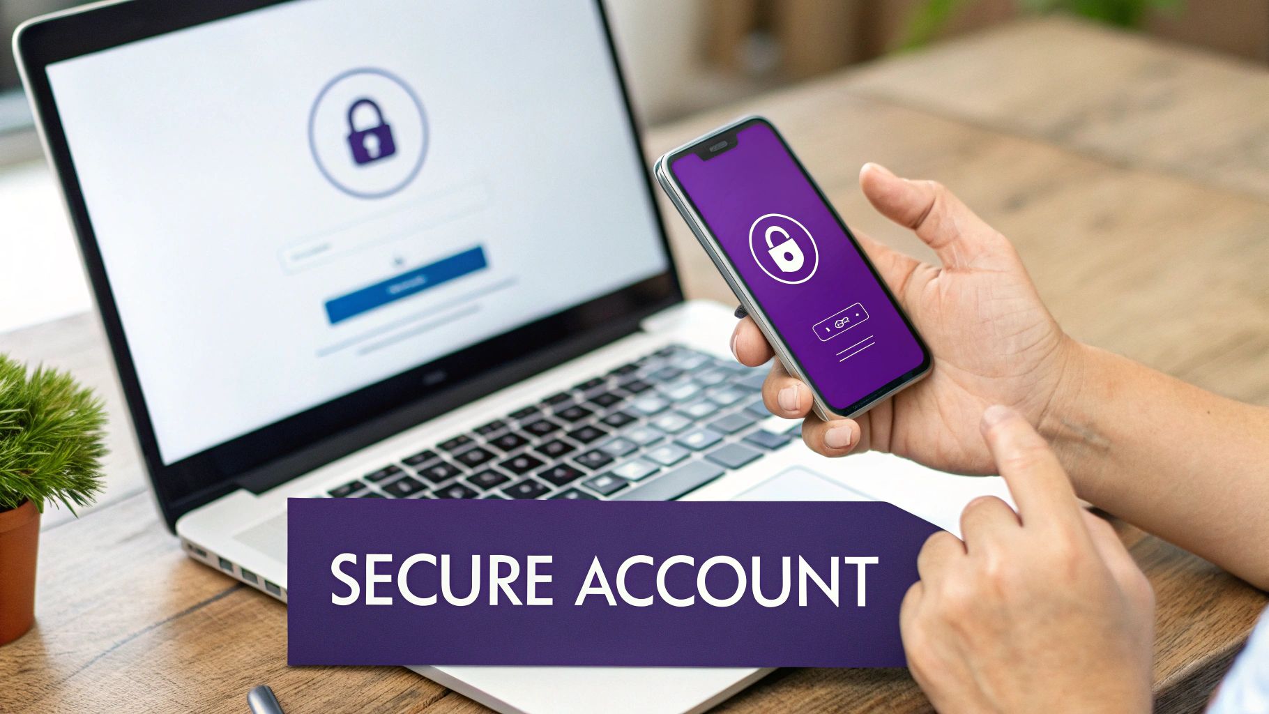 A person setting up two-factor authentication on their phone and laptop, symbolizing strong account security.