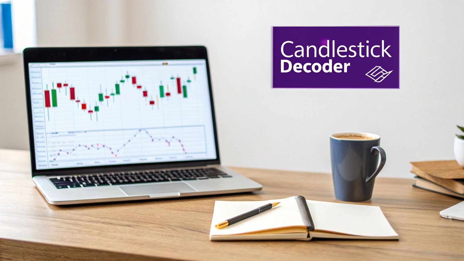 A person pointing at a complex candlestick chart on a large screen, indicating analysis.