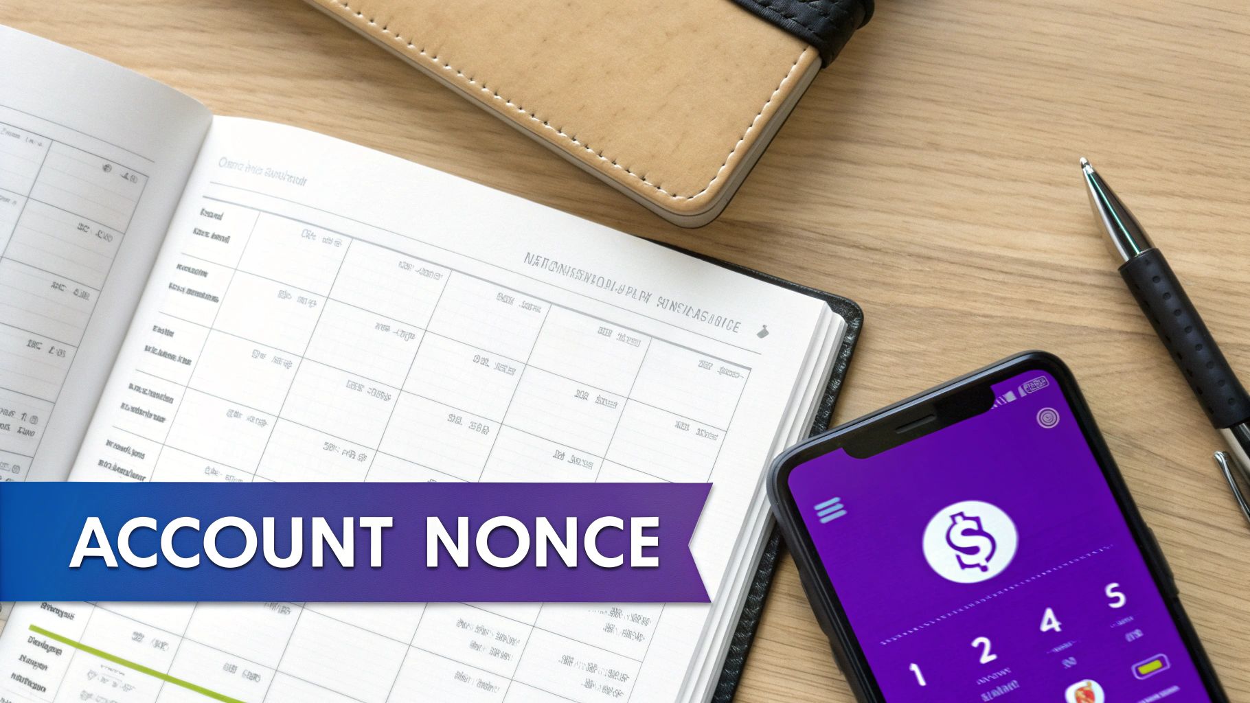 Account nonce concept with smartphone displaying cryptocurrency app, notebook, and pen on wooden desk