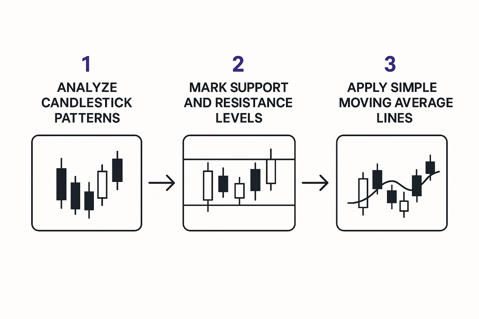 Infographic showing a three-step workflow for basic market analysis: analyzing candlestick patterns, marking support and resistance levels, and applying a simple moving average.