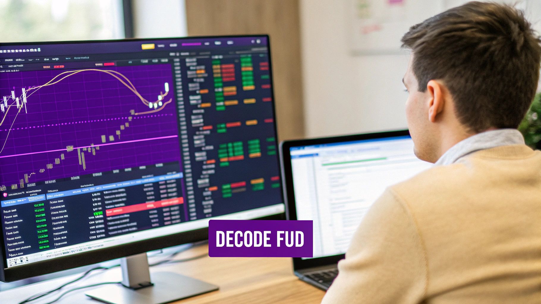 A worried investor looking at a crashing crypto chart on a screen, symbolizing FUD