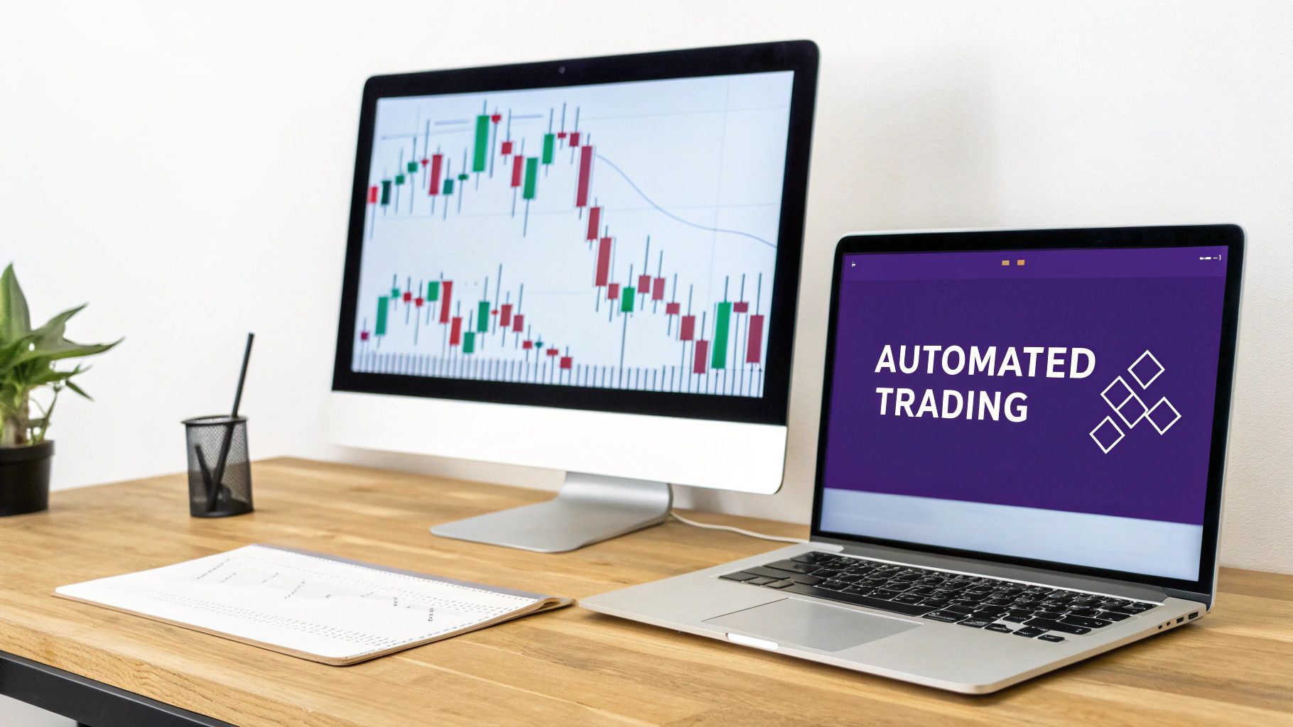 A visual representation of trading bot processes, showing gears and data flowing through a system.