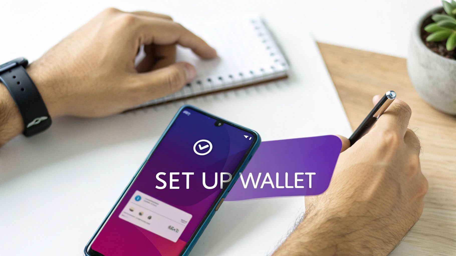 Close-up of hands setting up a digital wallet on a smartphone, displaying 'SET UP WALLET' with a checkmark.
