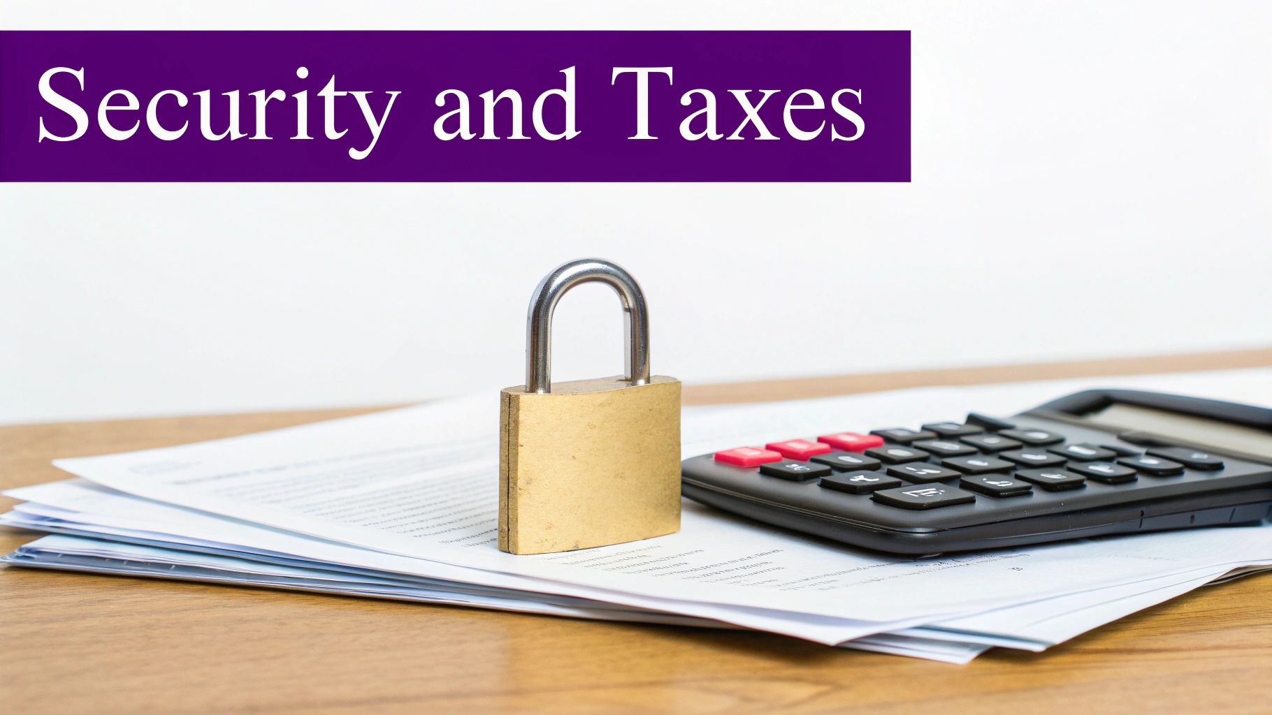 Padlock on financial documents with calculator representing security and taxes for financial transactions