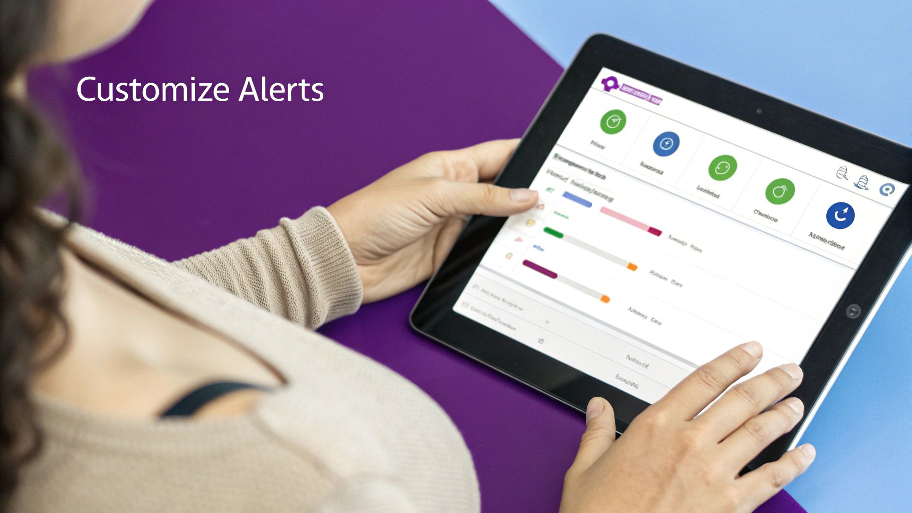 A futuristic digital interface showing complex data visualizations and alert notifications.