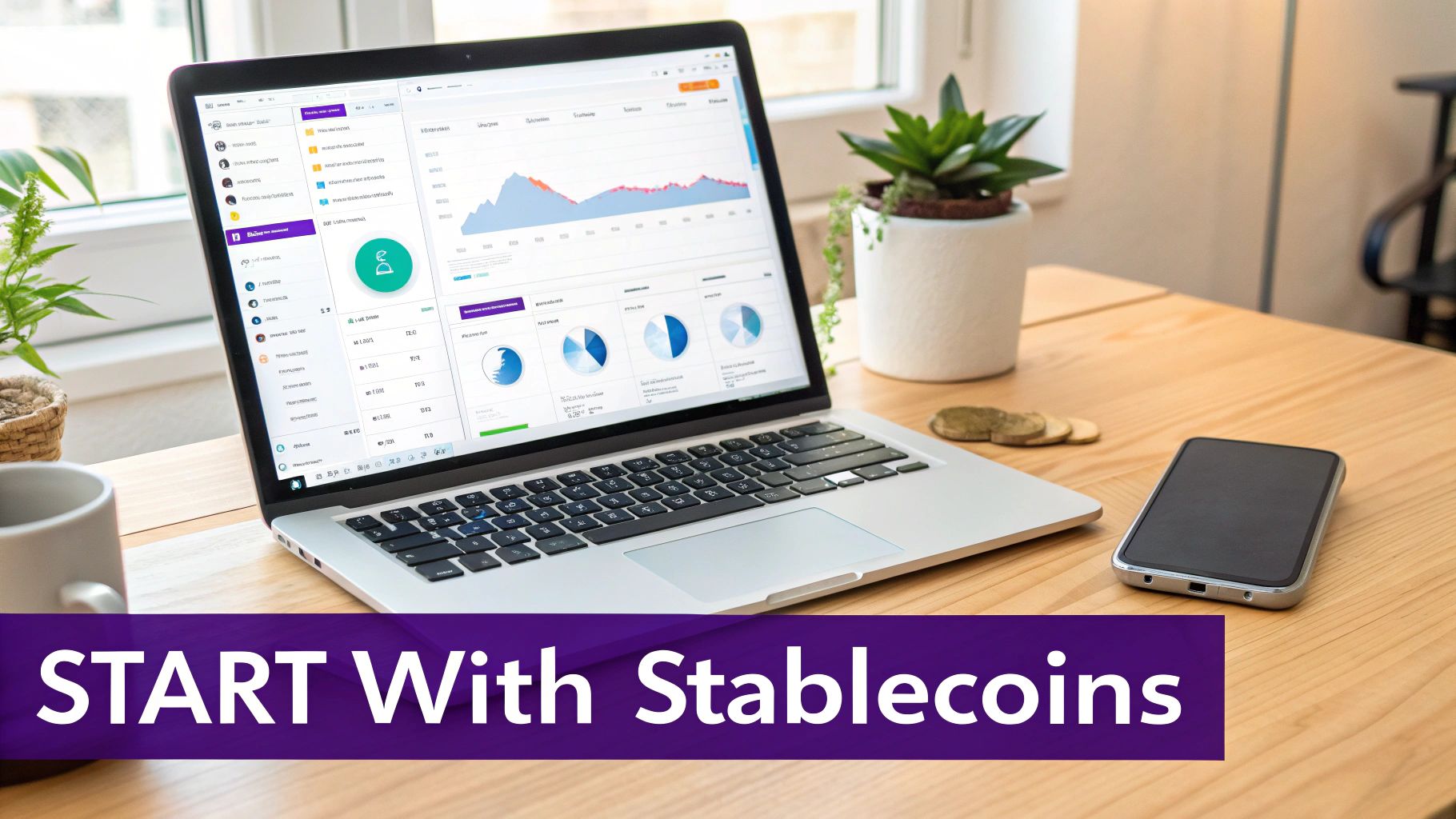 A person holding a physical coin representing a stablecoin, with a digital background showing charts and graphs.