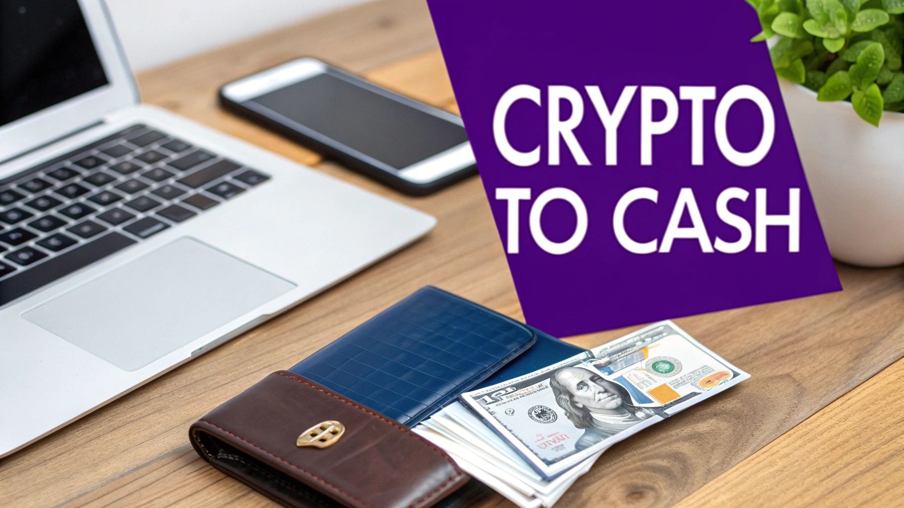 Laptop, smartphone, wallet with cash bills and purple crypto to cash sign on wooden desk