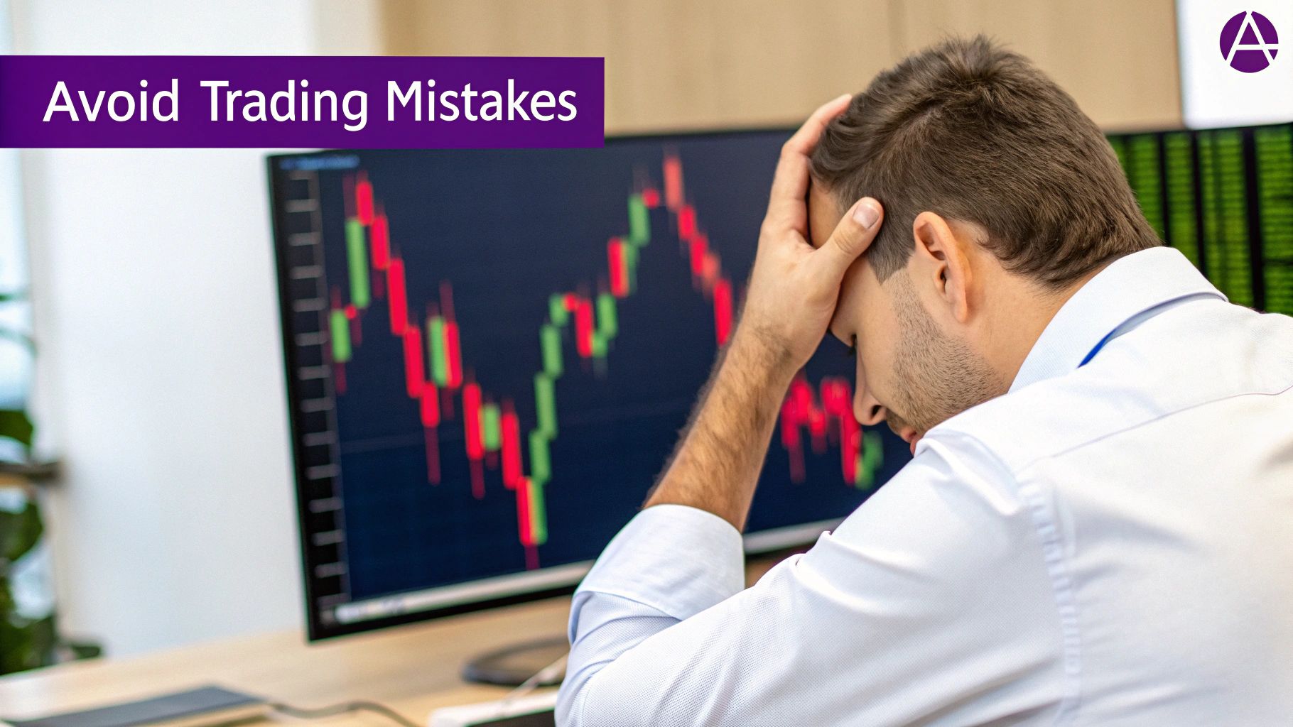 A trader looking stressed while examining a downward-trending stock chart on a tablet, symbolizing common trading mistakes.