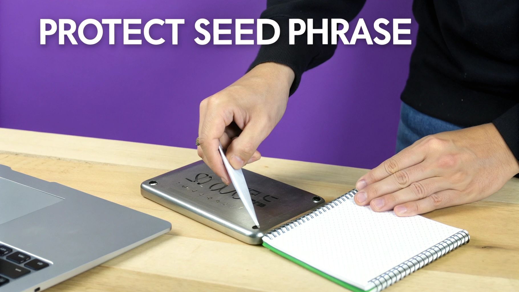 A person uses a tool to engrave a seed phrase onto a metal plate for cryptocurrency wallet protection.