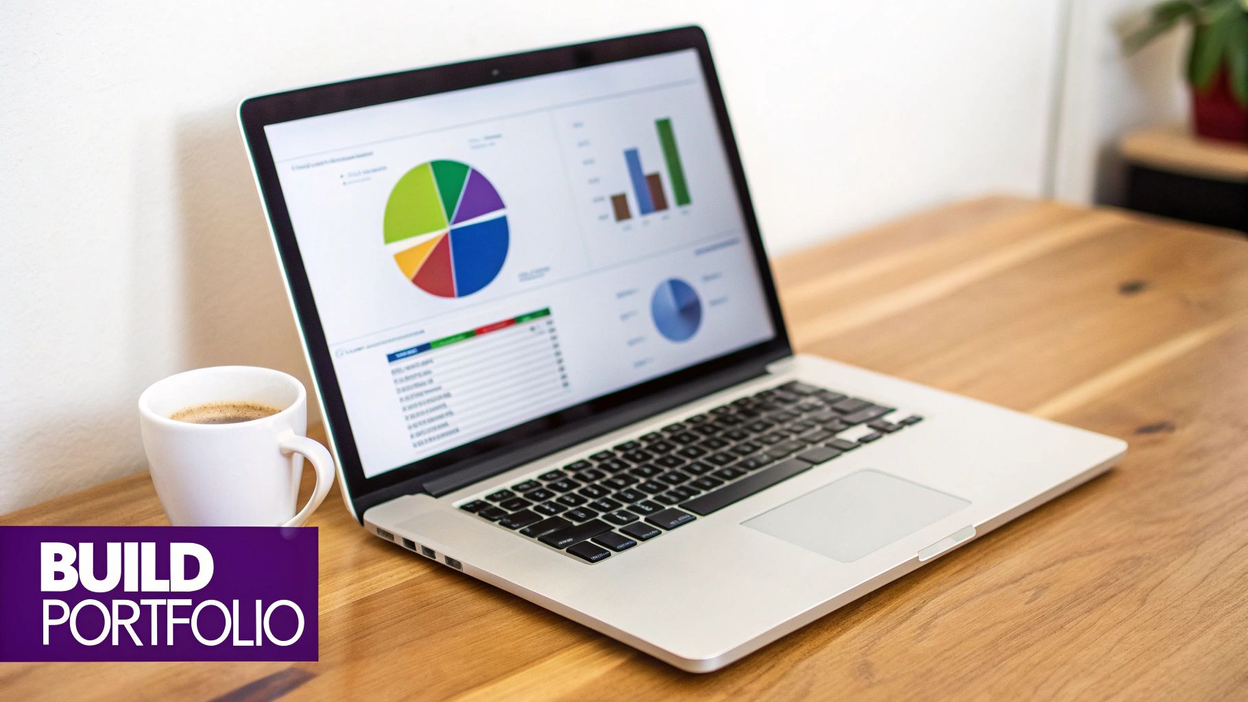 A modern, clean dashboard on a tablet showing a diversified crypto portfolio with pie charts and line graphs.