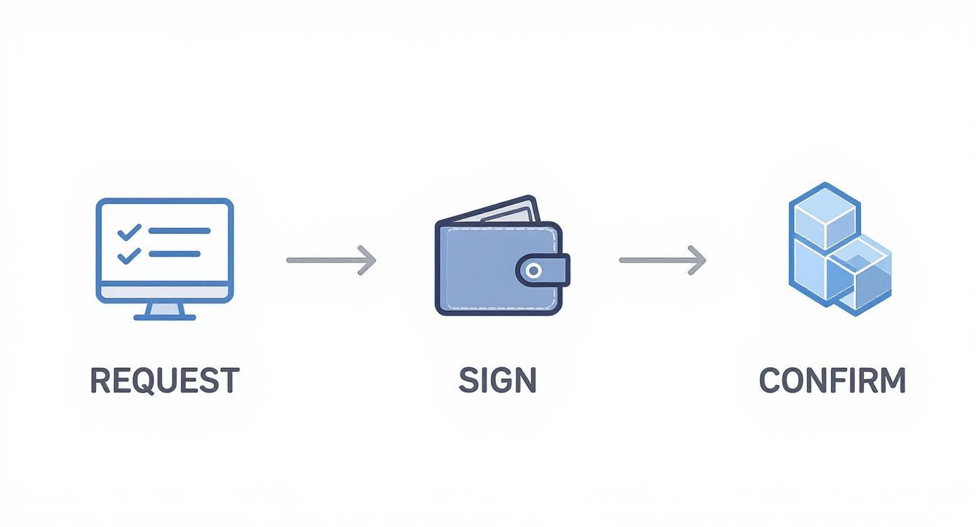 Infographic showing the process flow of a hardware wallet signing a crypto transaction.