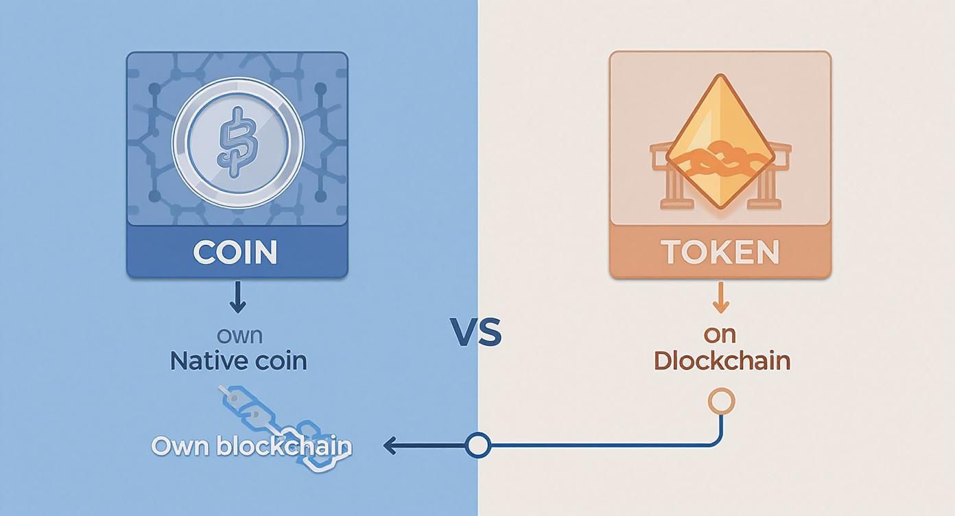 Infographic comparing a native coin on its own blockchain to a crypto token built on an existing blockchain.