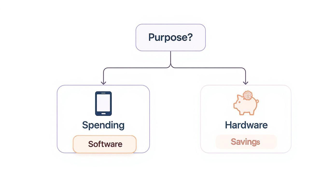 Flowchart illustrating purpose divided into spending on software (mobile phone) and savings for hardware (piggy bank).