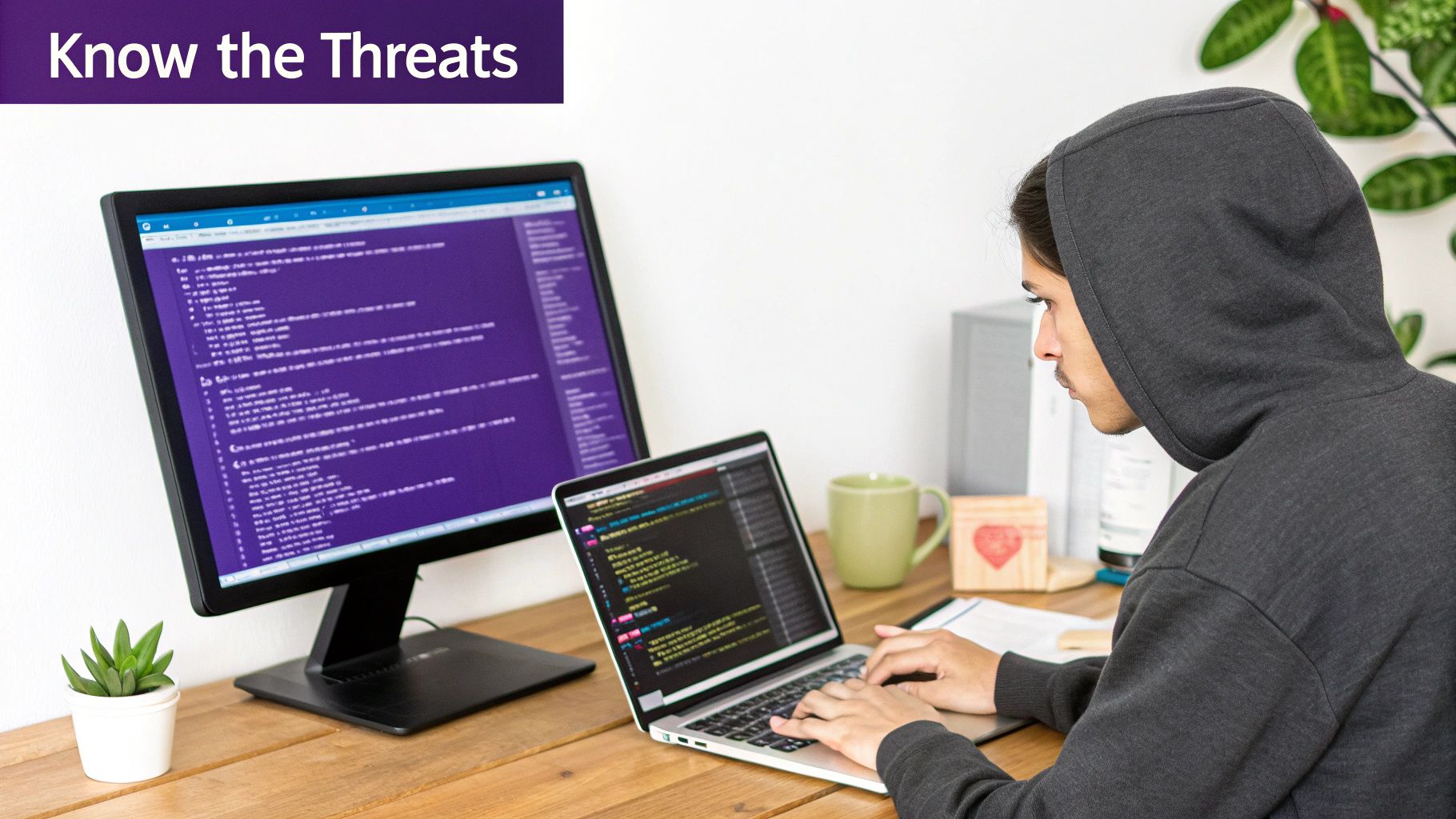 A person sitting at a desk with multiple monitors showing complex security data and charts, representing crypto security analysis.