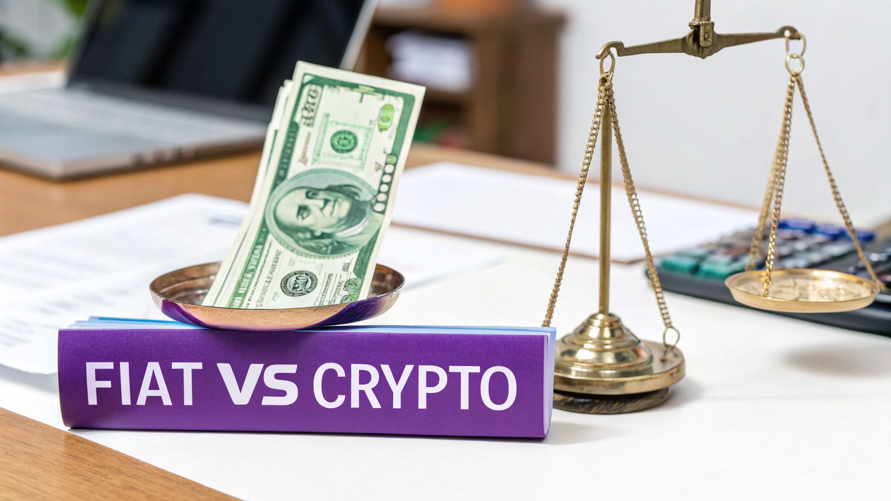 Two hands exchanging a physical coin and a digital cryptocurrency coin, symbolizing the transfer between fiat and crypto.