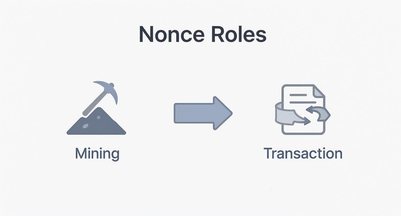 Diagram showing nonce roles in blockchain mining process leading to transaction validation with icons